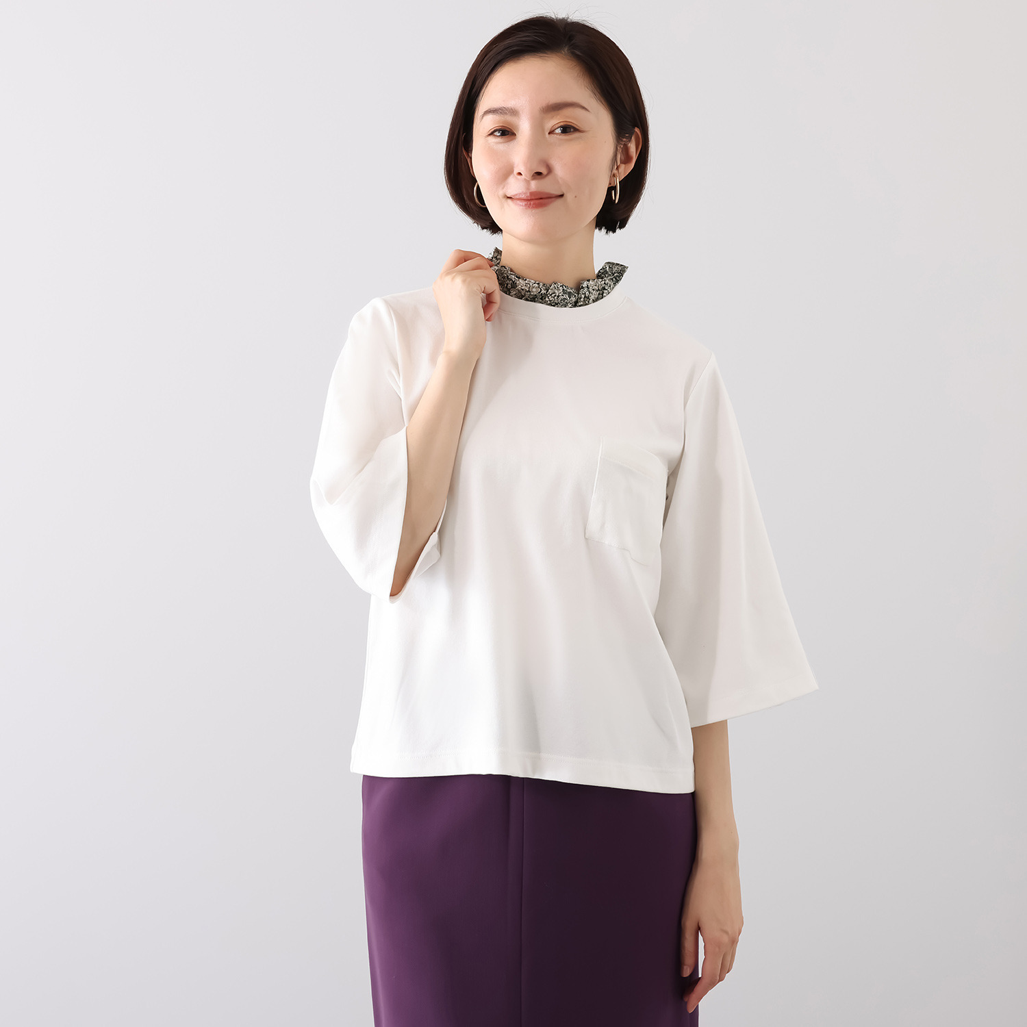 ソソット コットン混フライス リバティプリント フリルカラー Ｔシャツ