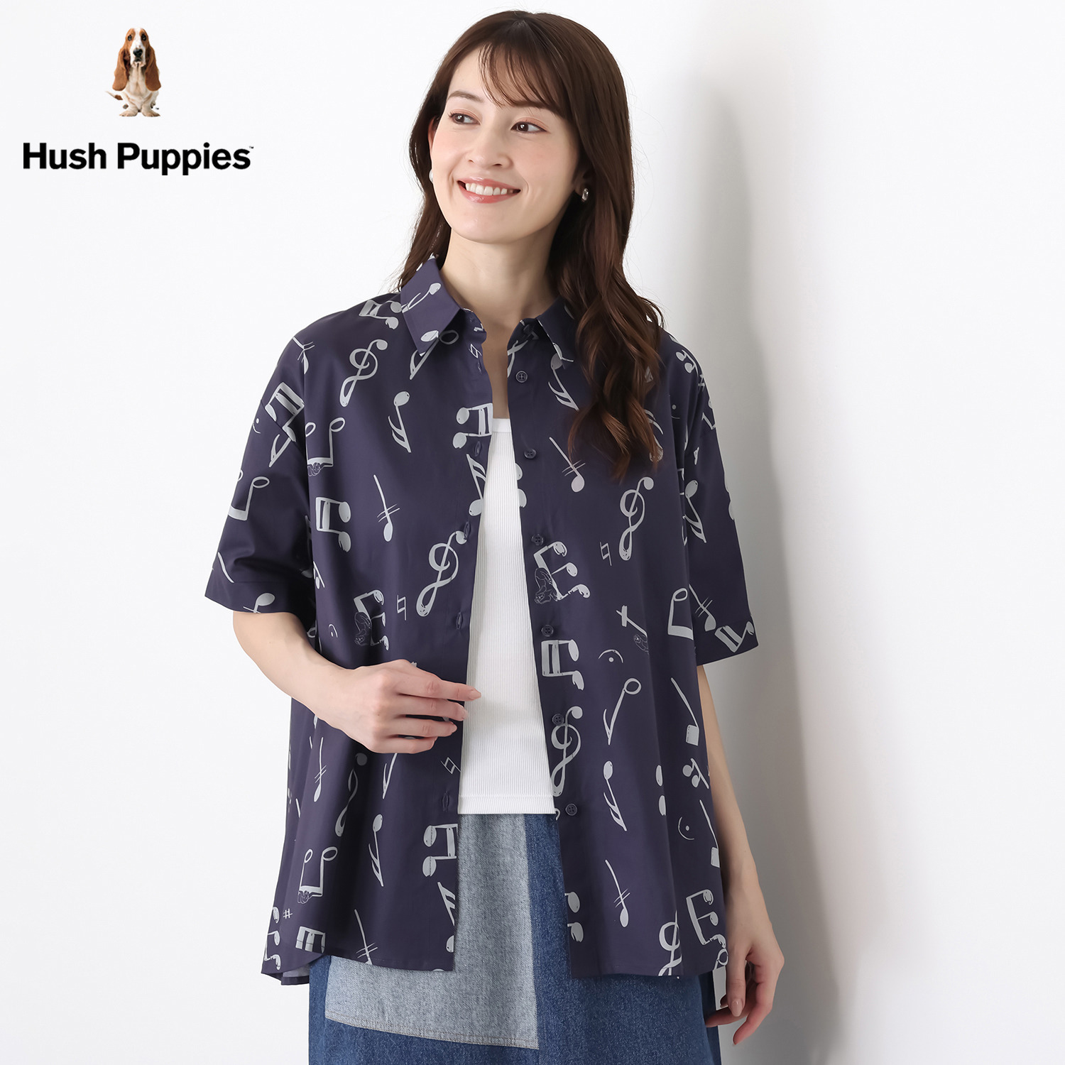 ハッシュパピー オーバーサイズ 音符柄プリント 半袖シャツ