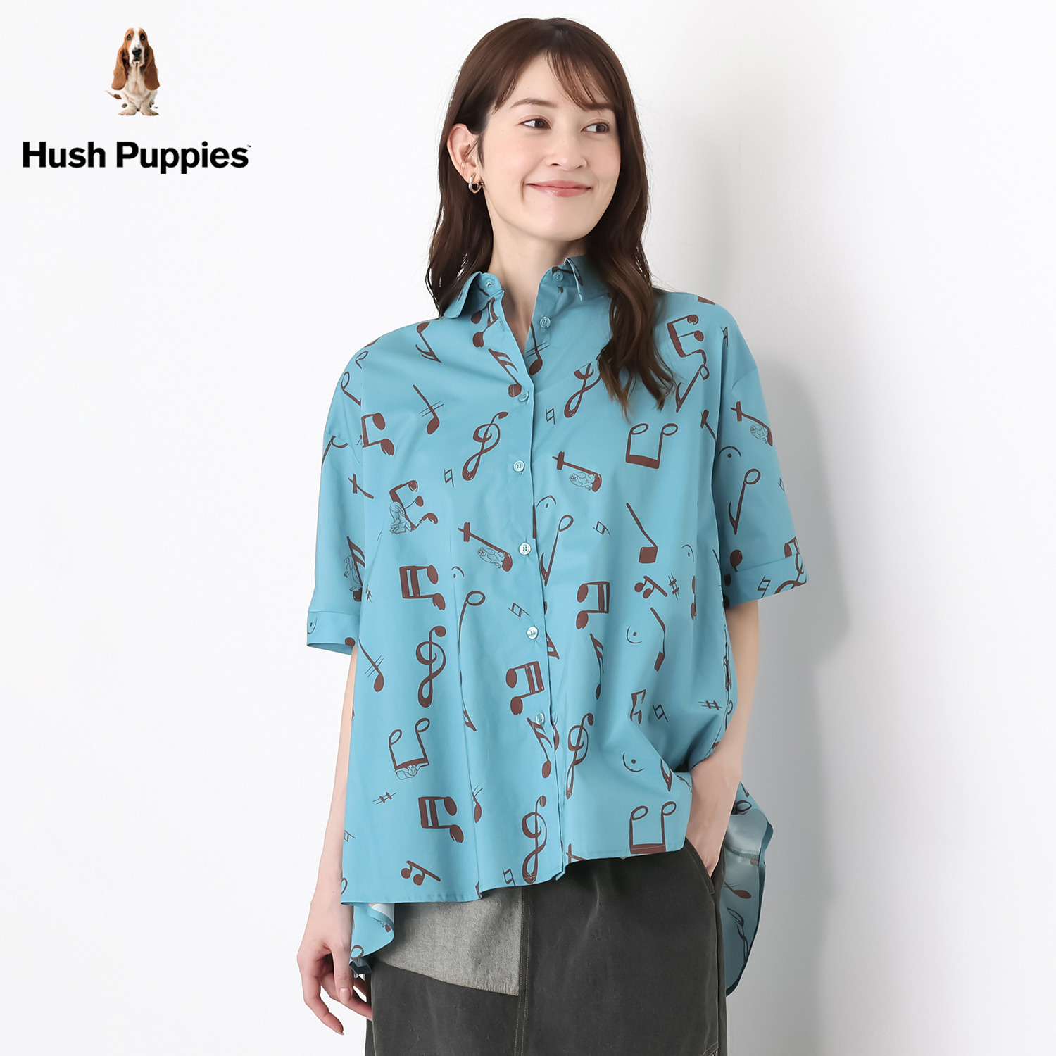 ハッシュパピー オーバーサイズ 音符柄プリント 半袖シャツ