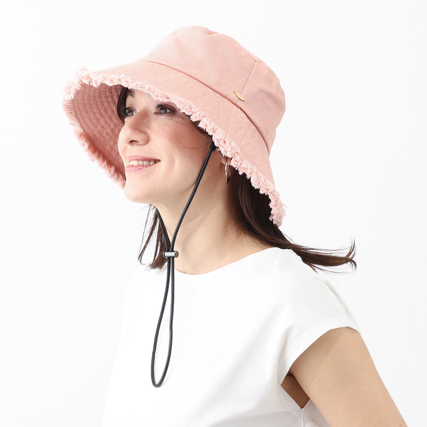 ヘ・エラ ＵＶカット あごひも付 フリンジデザイン ツイル バケットハット