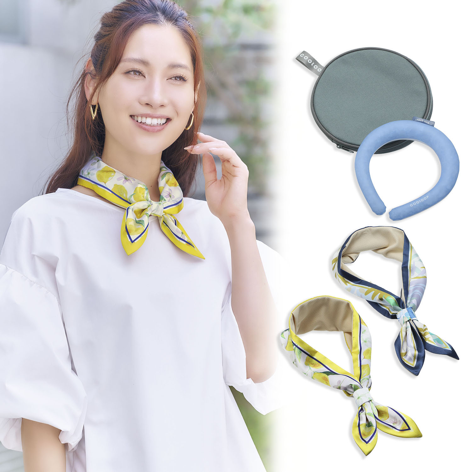 特殊素材でひんやり！ 心地良い冷たさを楽しめる ＣＯＯＬＯＯＰ ネックリング＜Ｌサイズ＞ 保冷ケース＆ 通すだけ涼やか ＵＶスカーフセット