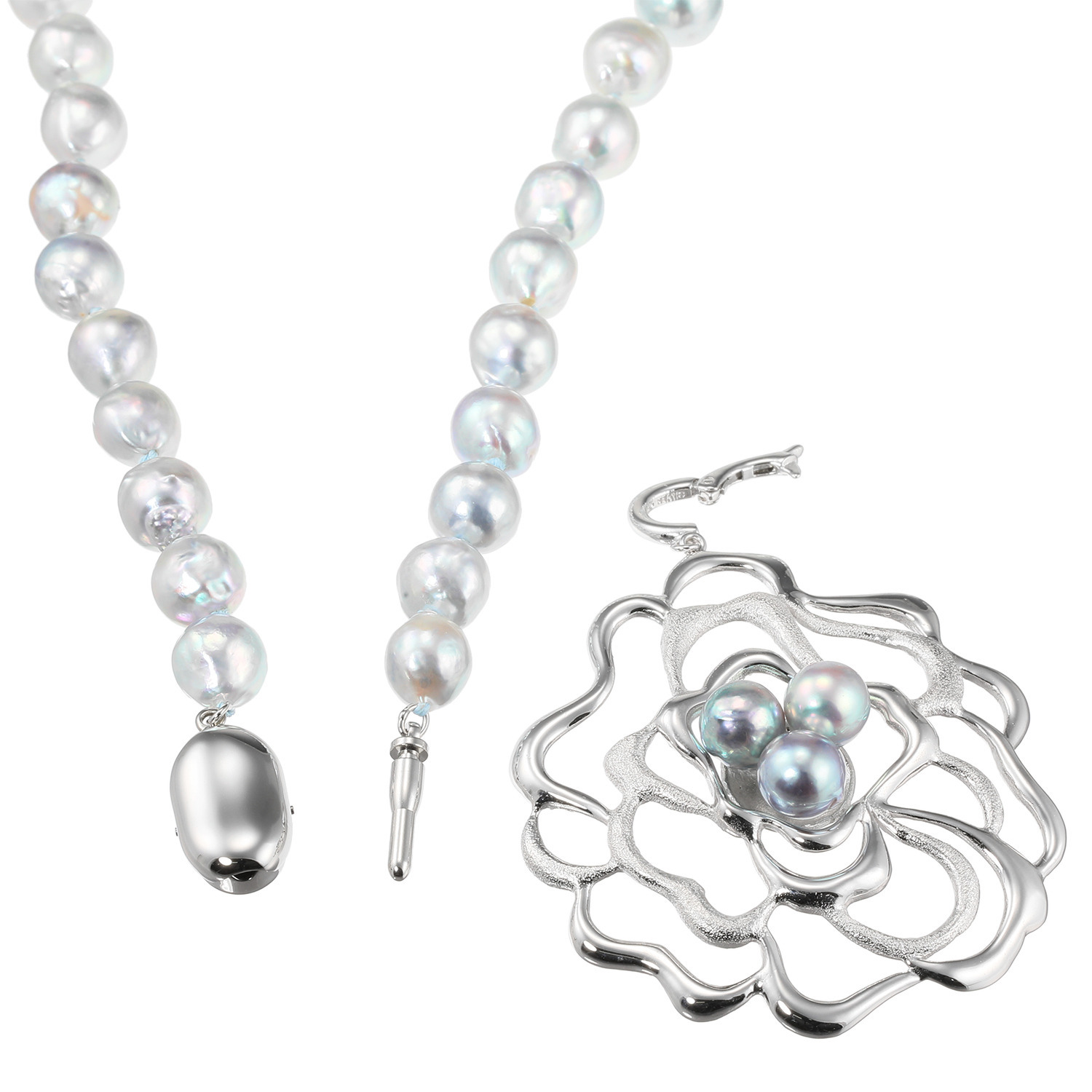 海蛍 長崎県対馬産 無調色ブルーグレー 越物アコヤパール フラワーモティーフ オールノット ロングペンダント