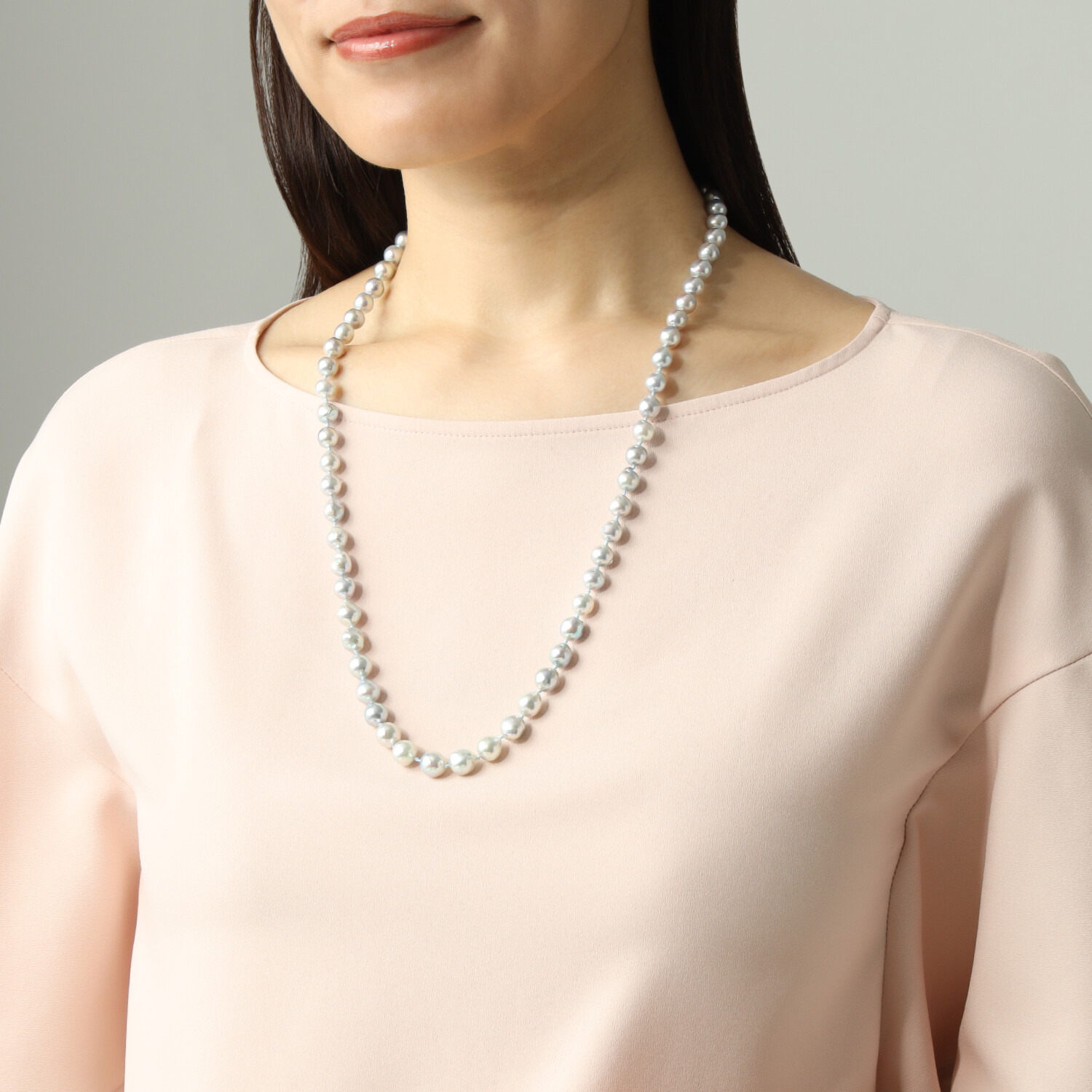 海蛍 長崎県対馬産 無調色ブルーグレー 越物アコヤパール フラワーモティーフ オールノット ロングペンダント