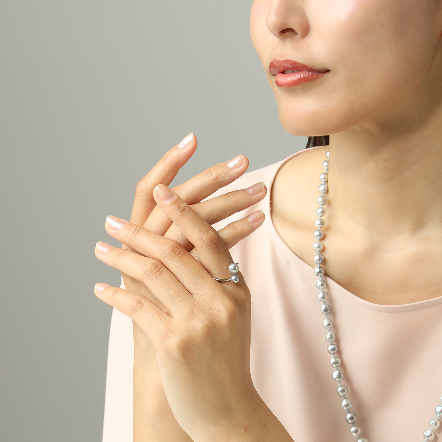 海蛍 プラチナ９００ 長崎県対馬産 無調色ブルーグレー 越物アコヤパール ツインデザイン フレキシブルリング