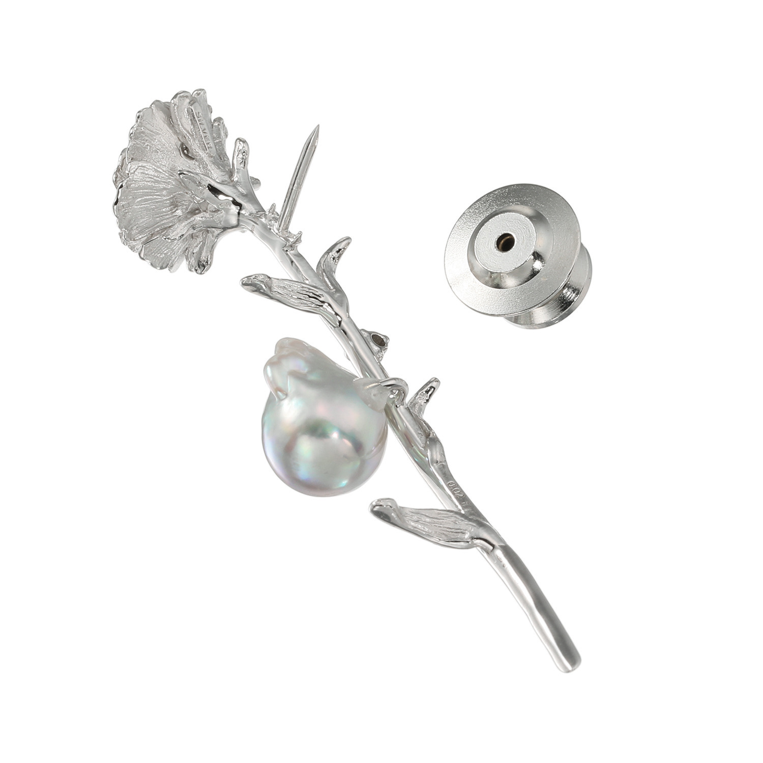 海蛍 長崎県対馬産 無調色ブルーグレー 越物アコヤパール＆ ダイヤモンド カーネーションモティーフ ピンブローチ