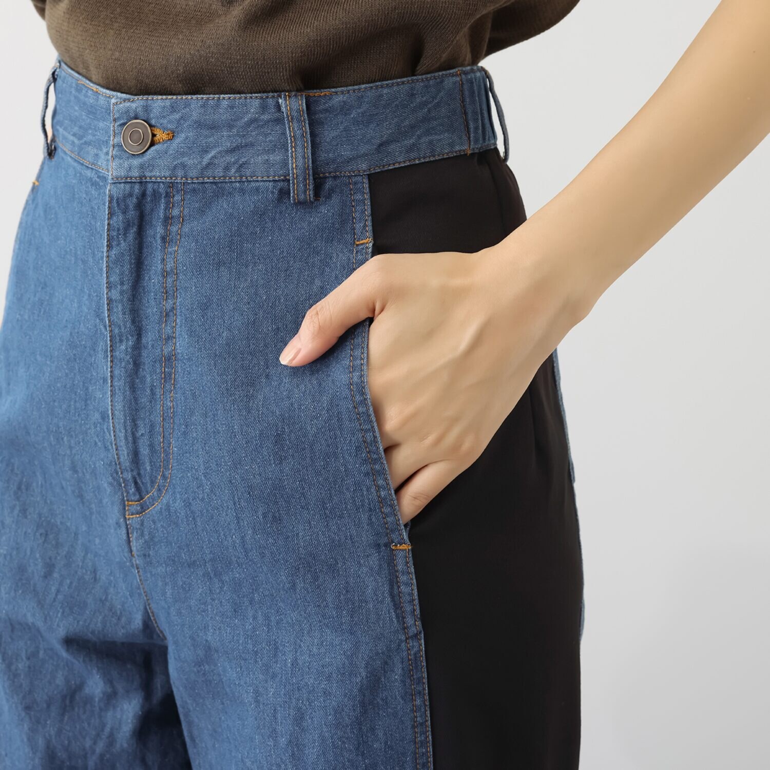 マダムヒロコ サイド異素材コンビ デニムパンツ