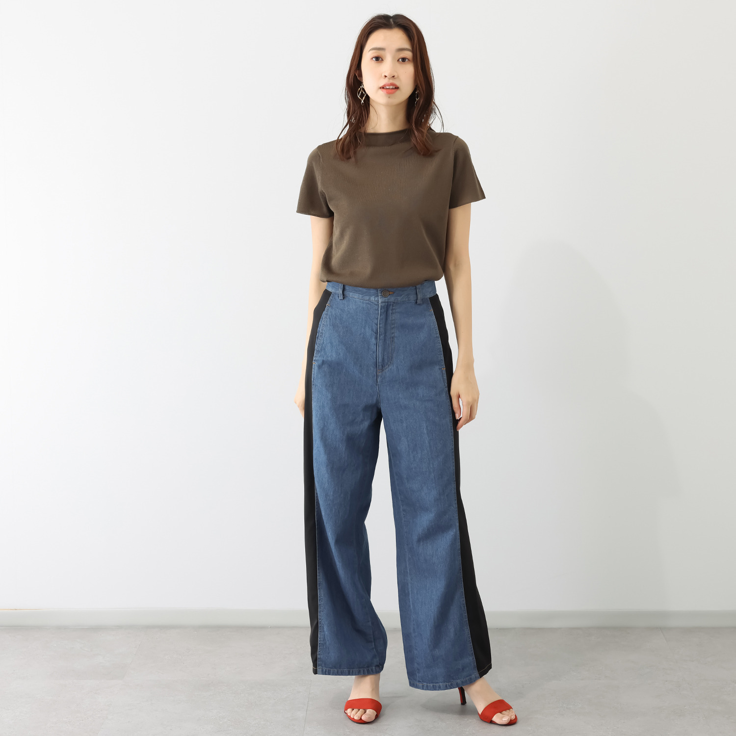 マダムヒロコ サイド異素材コンビ デニムパンツ