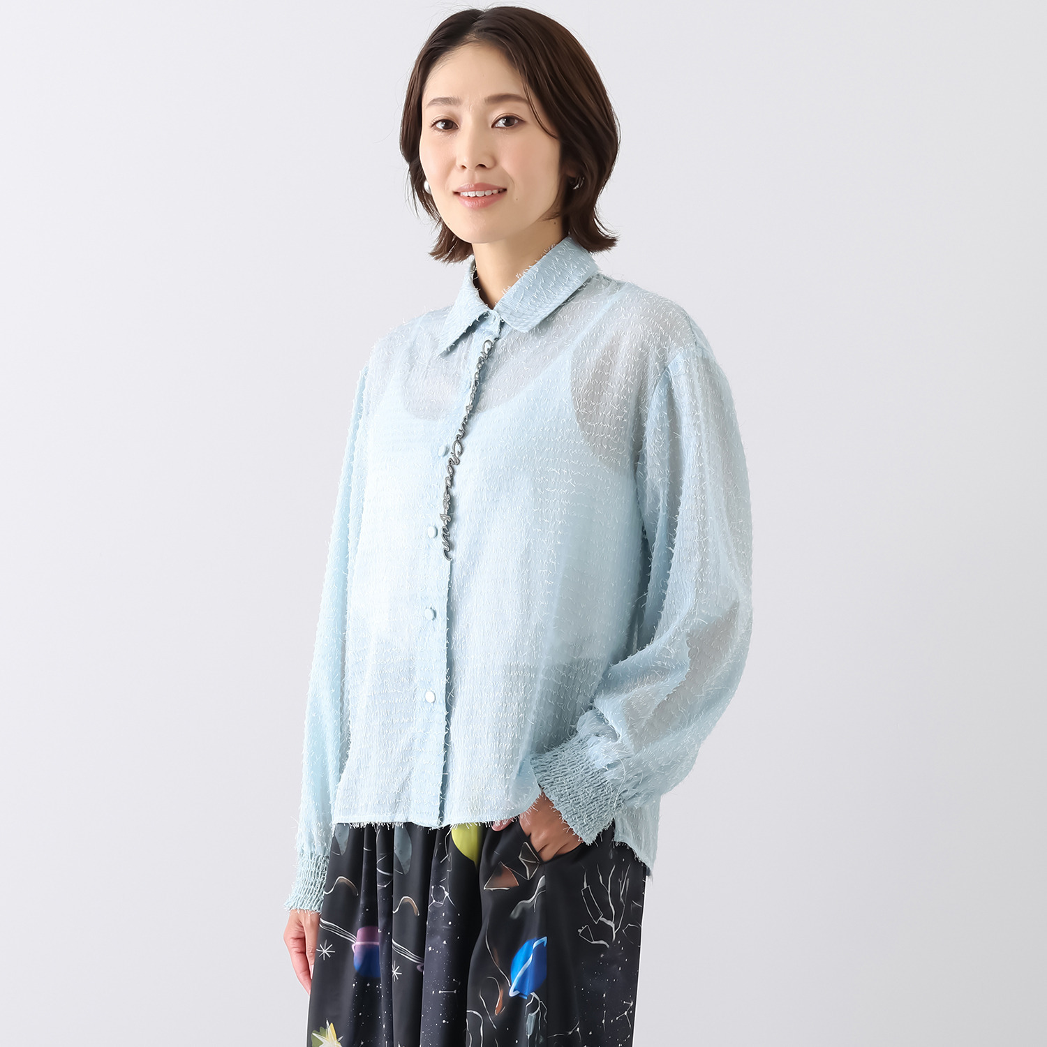 ミミコプラス 一枚で華やか見え シャイニーシアーシャギー 刺しゅうアクセント ふんわりシャツブラウス