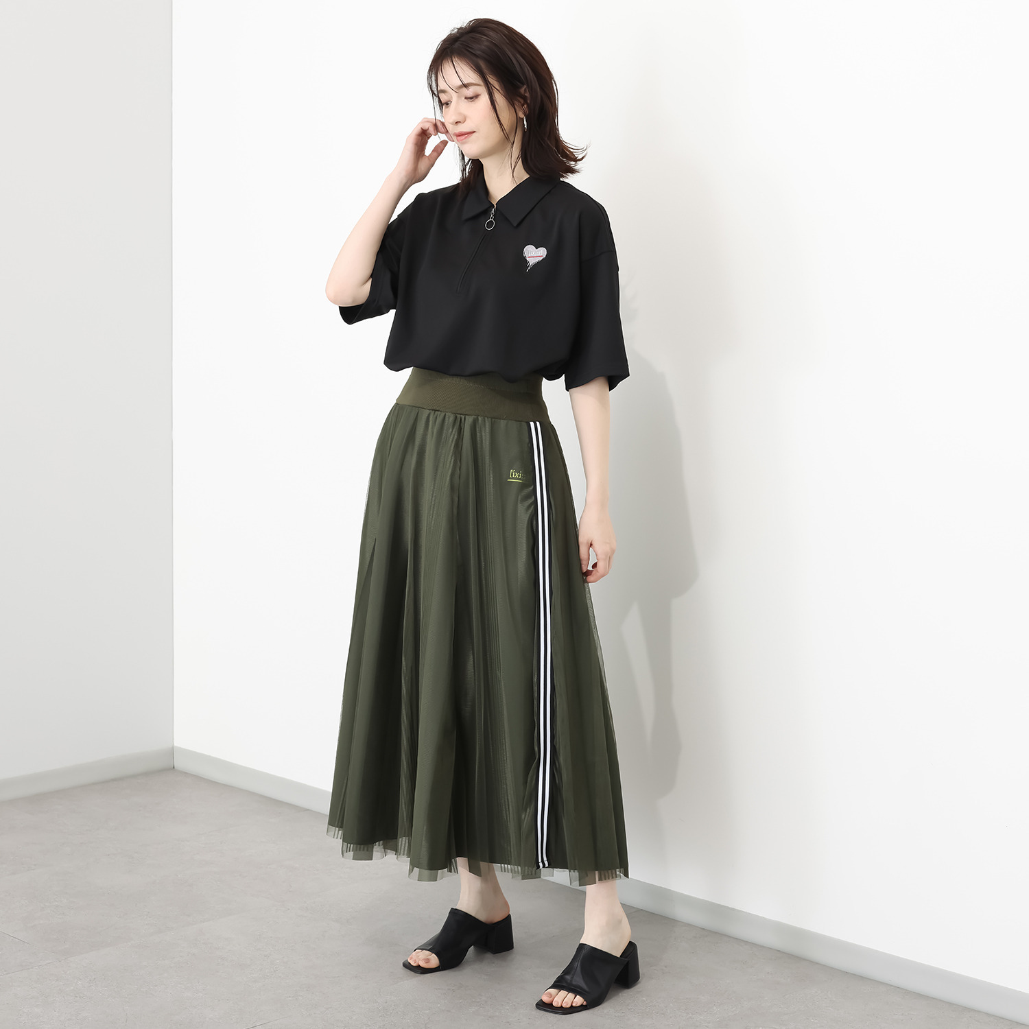 イクシーズ 透け感レイヤード サイドライン ロングスカート
