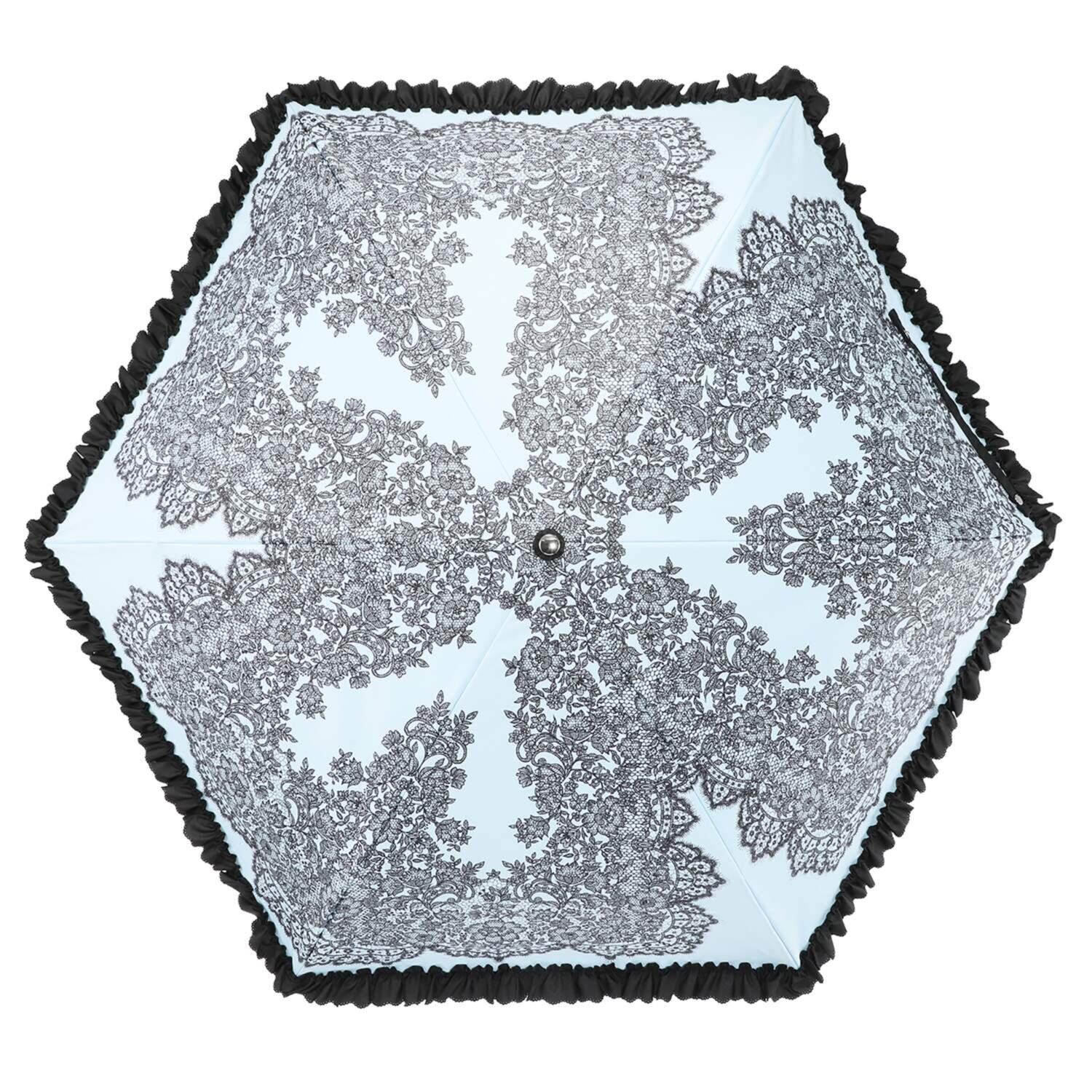 ジュエルレース バイ　ブルーミング 簡単開閉 ＵＶカット レースプリント 晴雨兼用折りたたみ日傘 収納バッグ付