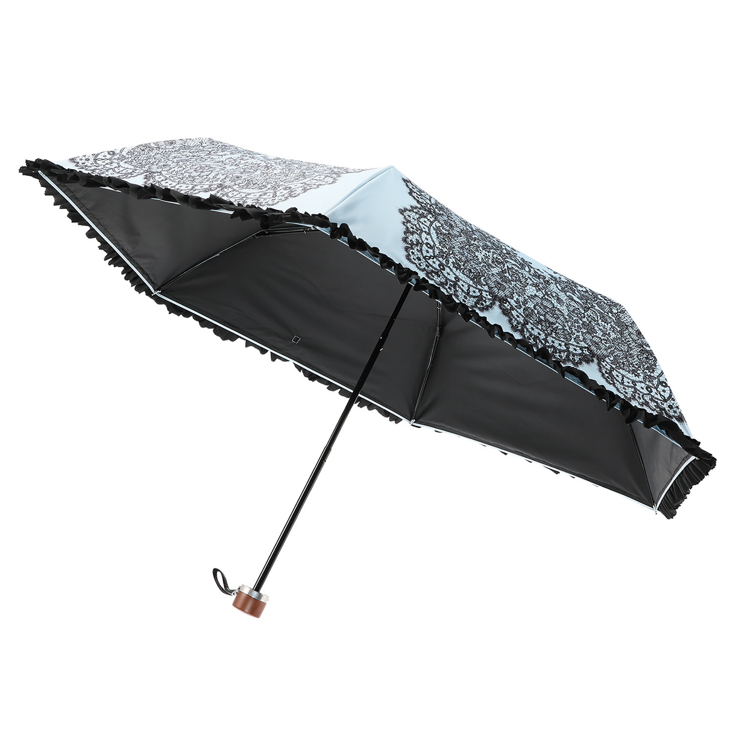 ジュエルレース バイ　ブルーミング 簡単開閉 ＵＶカット レースプリント 晴雨兼用折りたたみ日傘 収納バッグ付