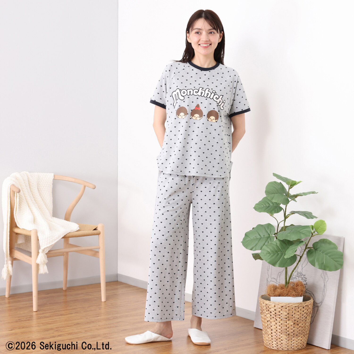 モンチッチ さらっと快適！ 柔らかカットソー ハートプリント モンチッチアクセント Ｔシャツパジャマ
