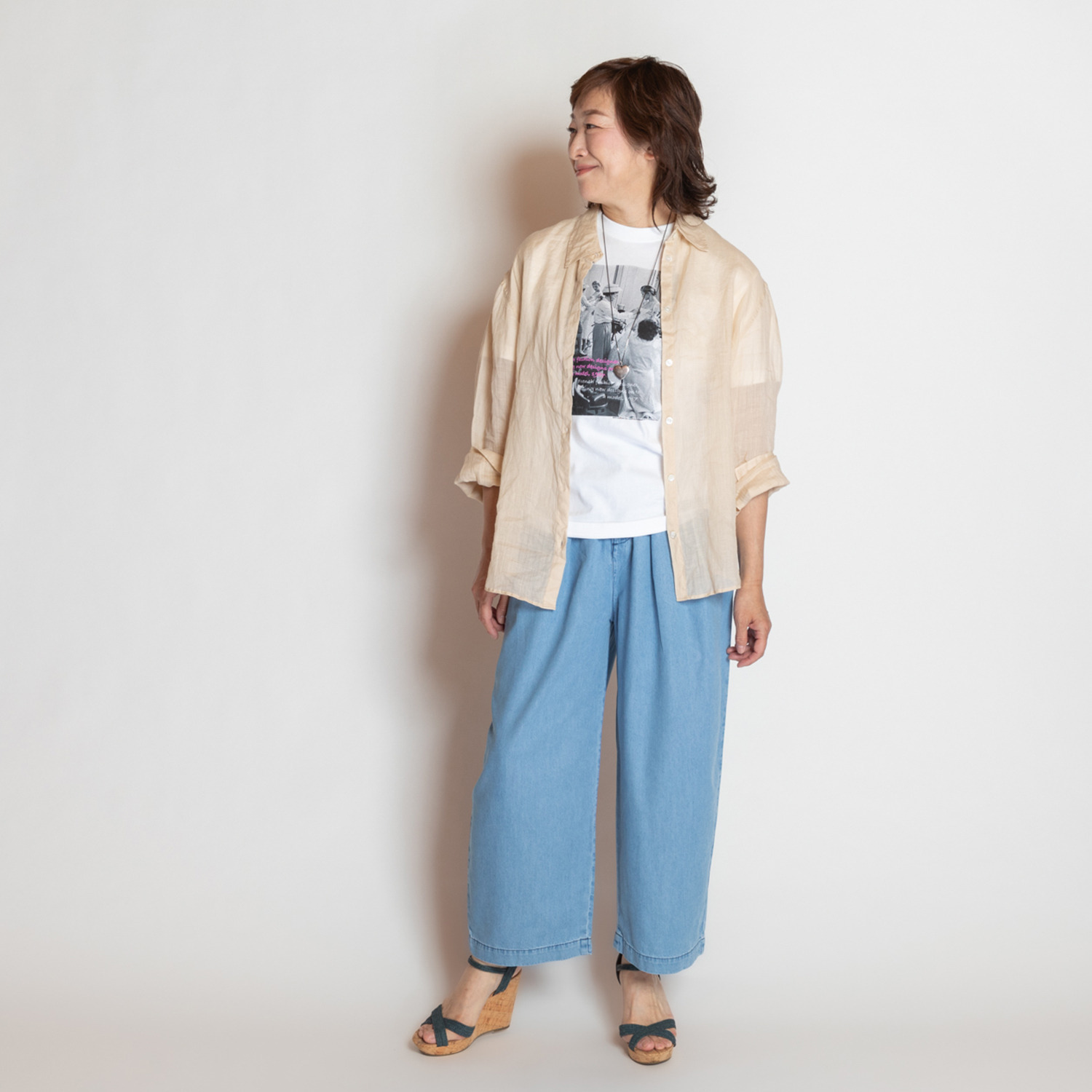 シュガーデプト つややかに風をまとう テンセルコットンデニム タックワイドパンツ