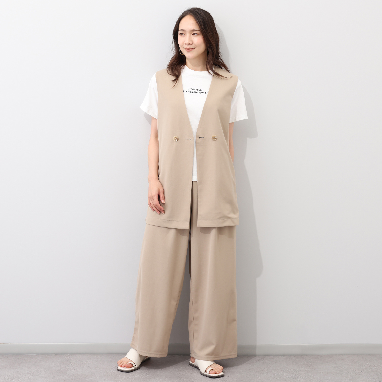 マンスリートライミー ドライタッチジャージー すっきり見えロングジレ＆ ワイドパンツ２点セット