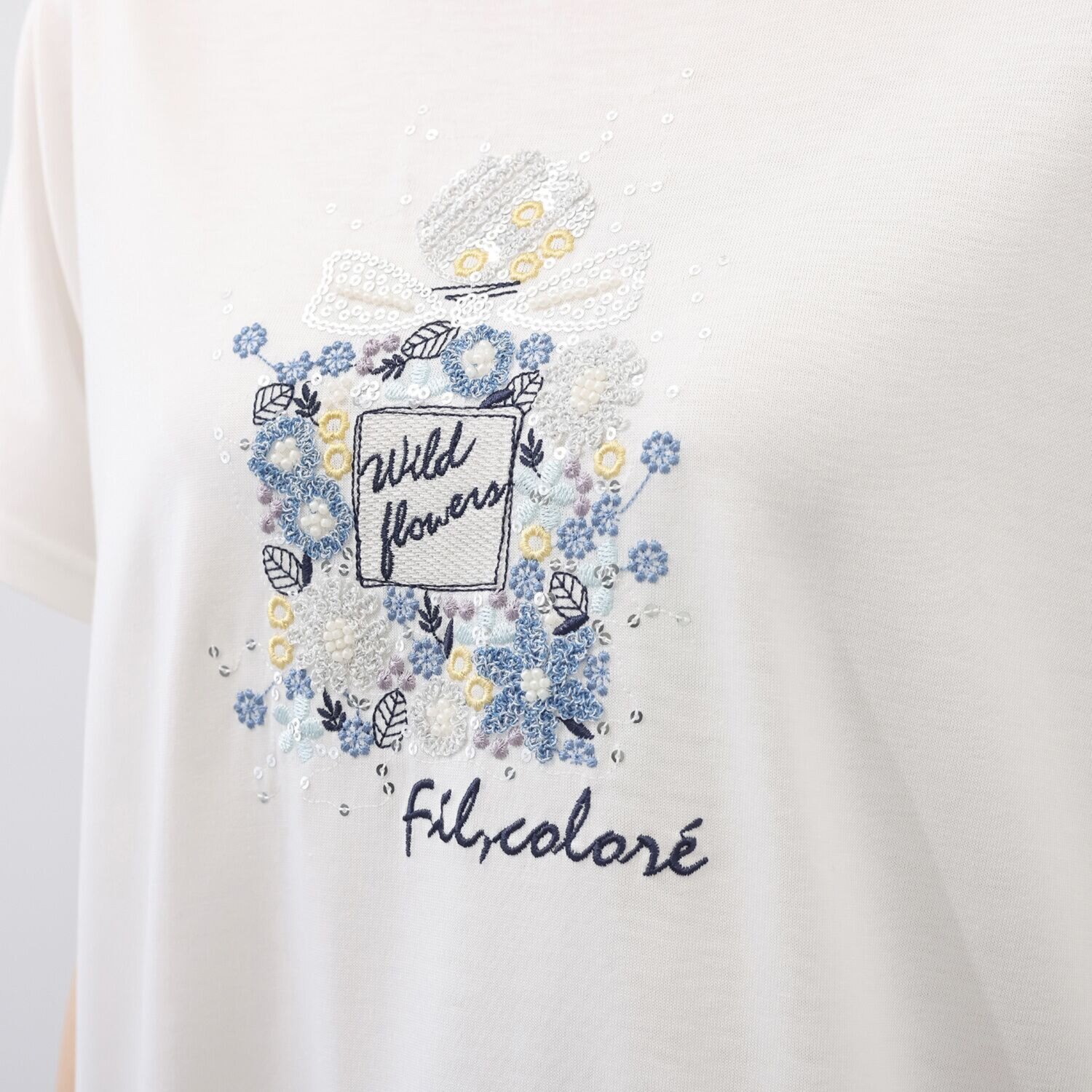 フィル・クロレ 日本製 リヨセルコットン サガラ刺しゅう 香水瓶柄Ｔシャツ