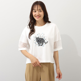 ダジュール ねこプリント 切替オーガンジー プルオーバー
