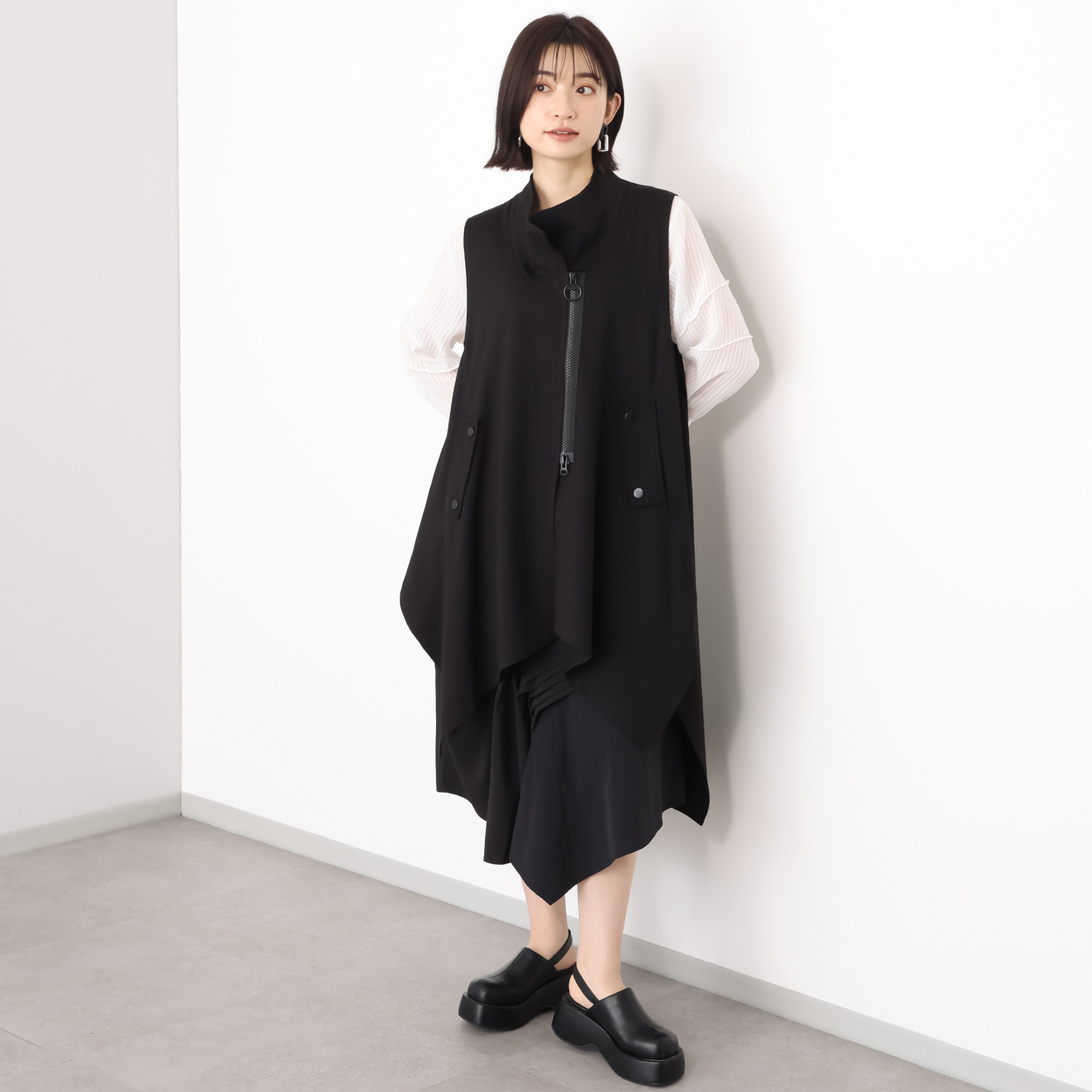 ベルポニー アシンメトリーデザイン ストレッチジャージー素材 ロングジレ
