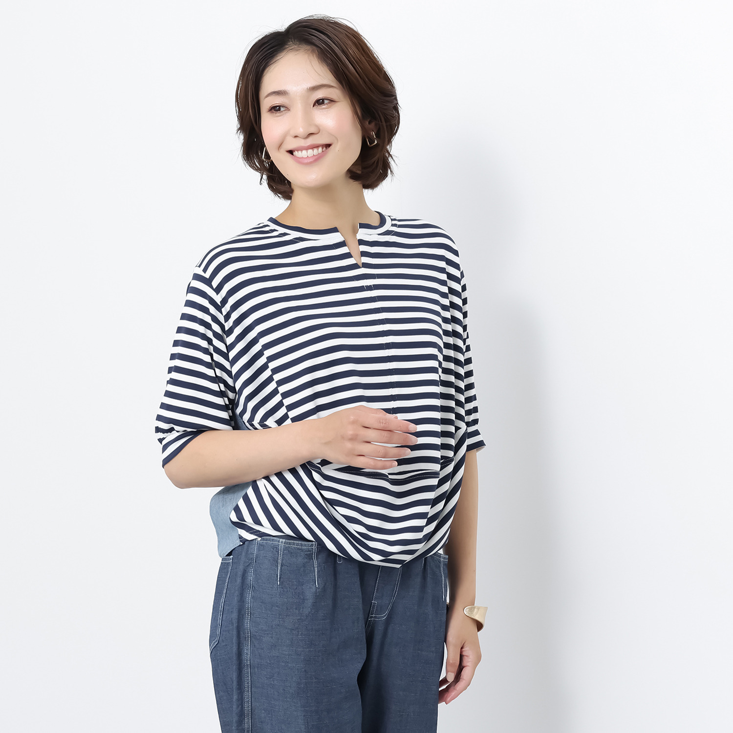 ヒロコ　デシネール ジャージー＆ 麻混ライトデニム ふんわりシルエット 五分袖プルオーバー