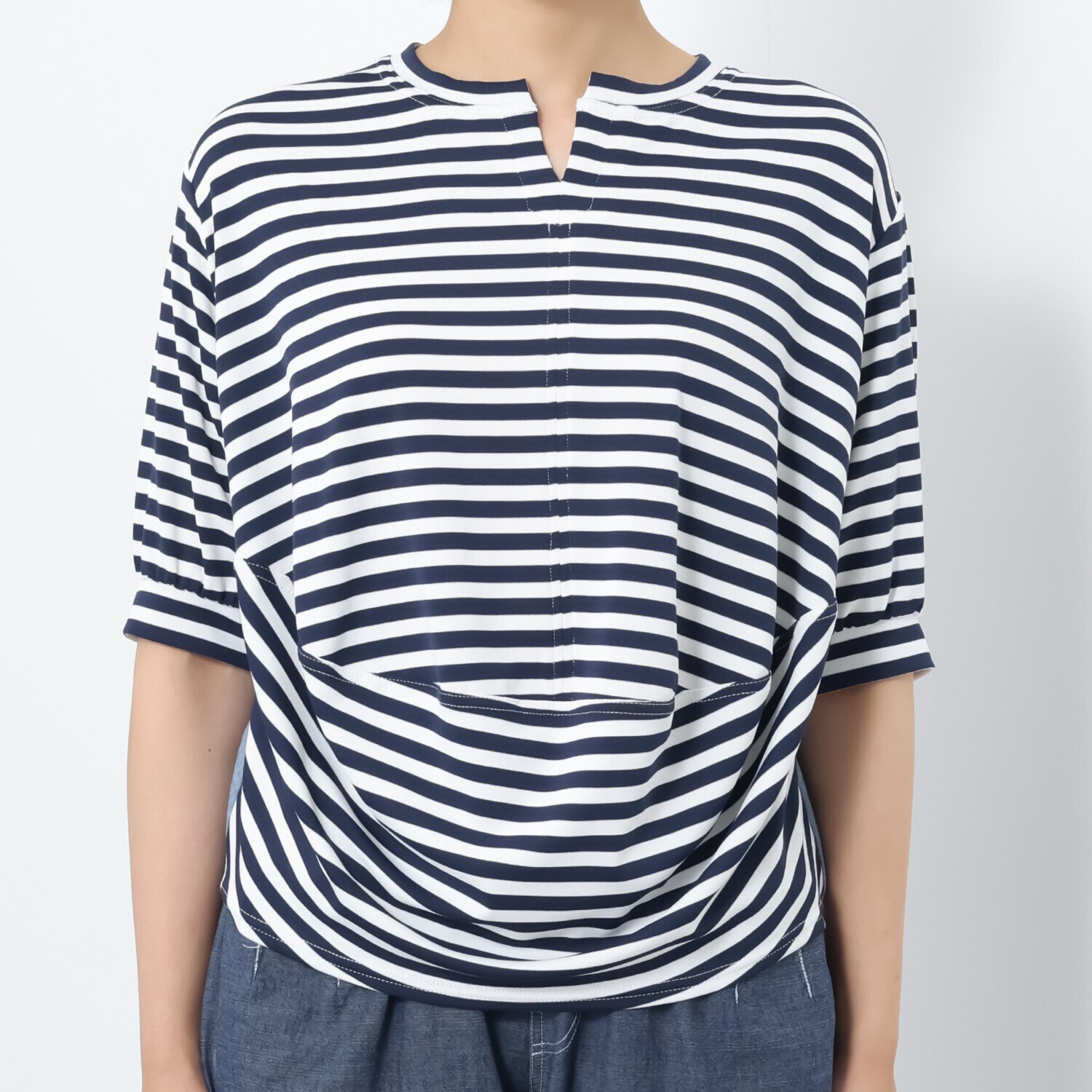 ヒロコ　デシネール ジャージー＆ 麻混ライトデニム ふんわりシルエット 五分袖プルオーバー