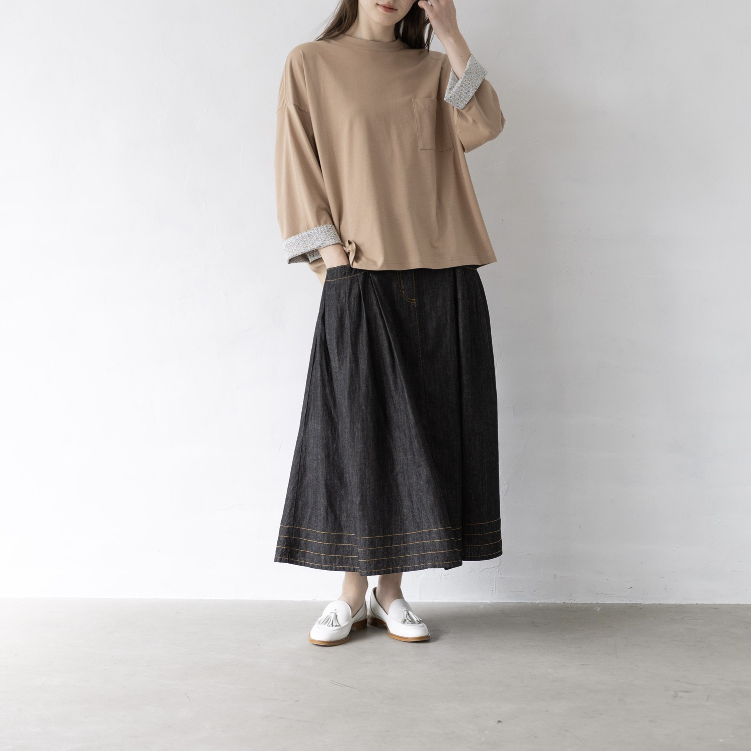 ソソット ソロナ（Ｒ）配合 コットン混 袖裏リバティプリント 八分袖Ｔシャツ