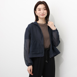 ラヴィーコンフォート 麻混メッシュ＆シアー 異素材ミックス パイピングアクセント フーディーブルゾン