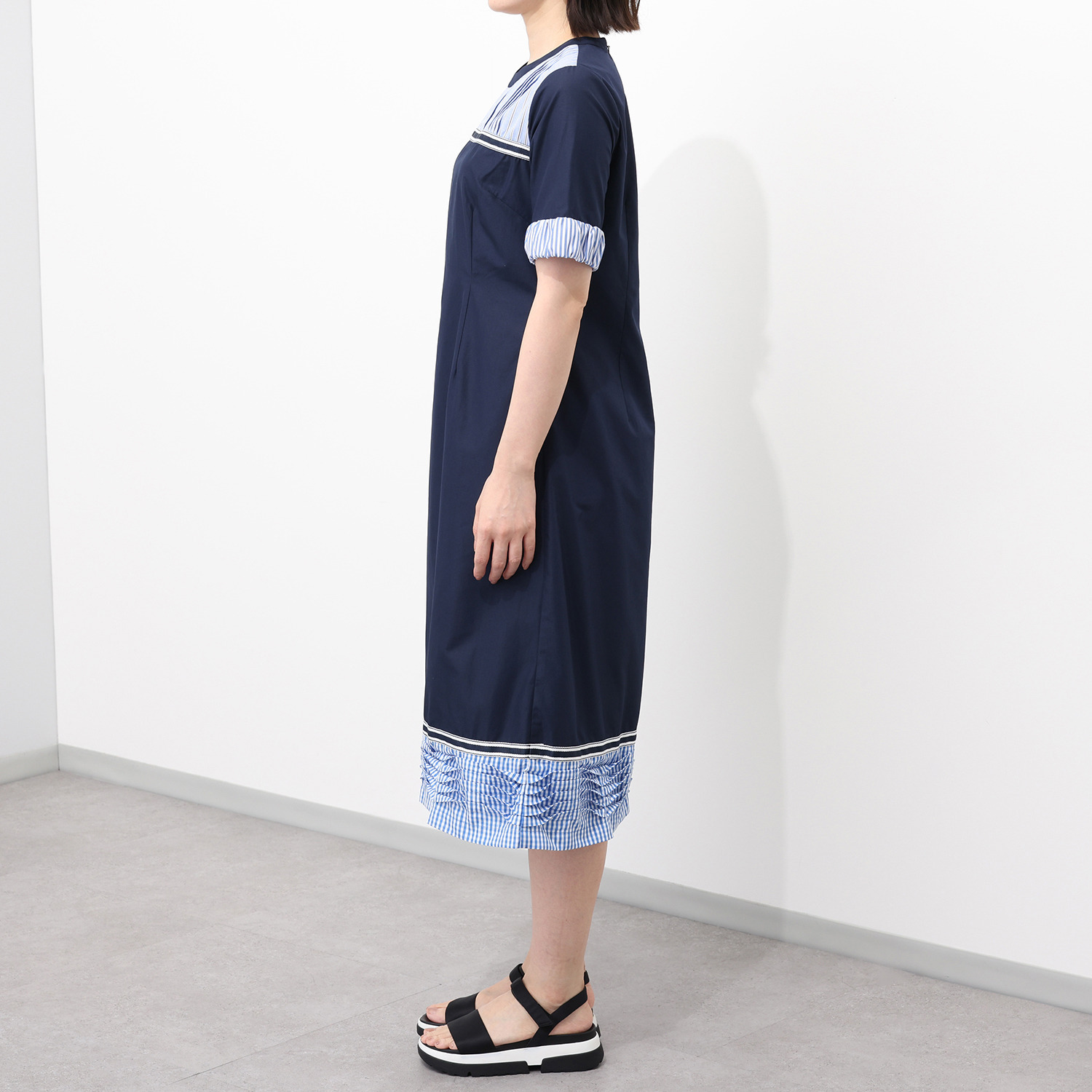 エムジェイアール　バイ マチコ　ジント　ロンドン ストライプ切替 タックディティール ワンピース