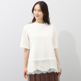 オン　ザ　エッジ サテンとレースで華やか １枚でもレイヤードでも コーディネイトに使える！ 接触冷感 半袖プルオーバー