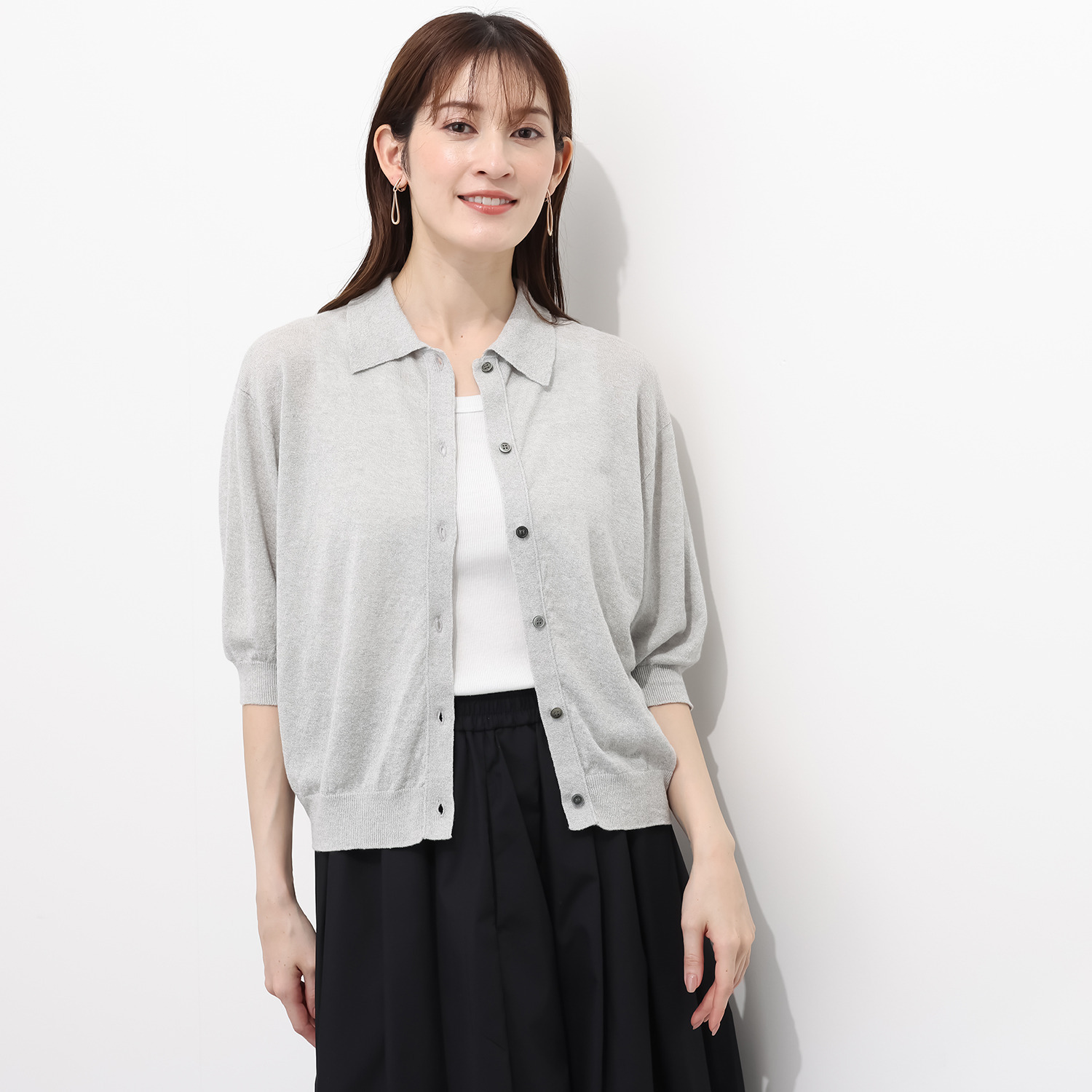 エマキュレイト 日本製 麻綿ホールガーメント ポロ襟カーディガン