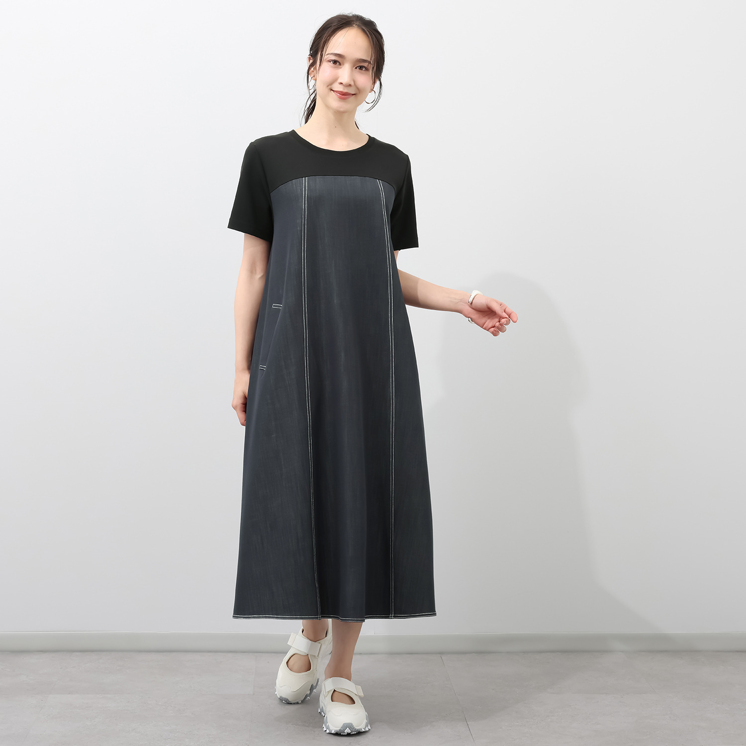 ゼラールスポーツ 上品鹿の子ジャージー× デニム調素材 配色ステッチアクセント ワンピース