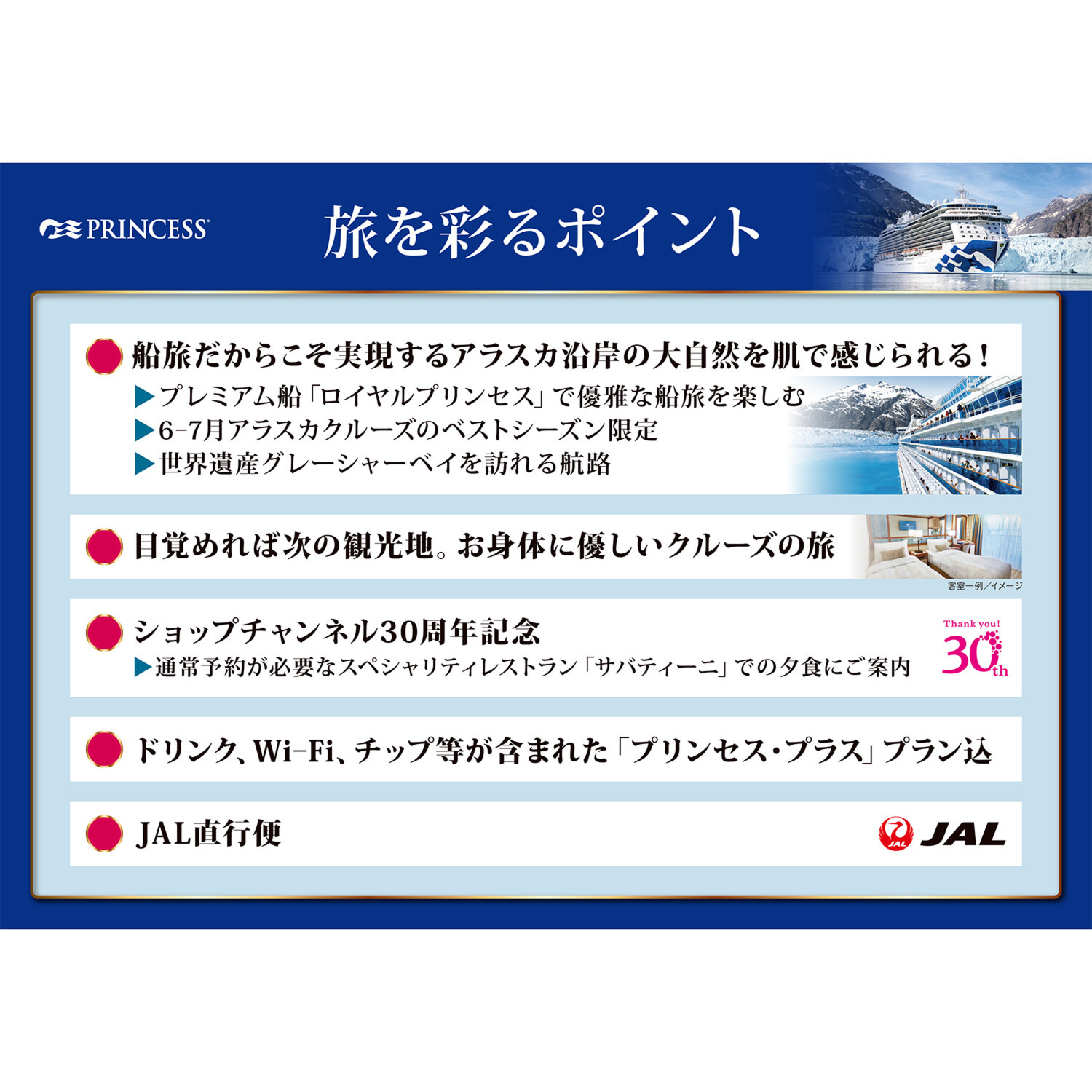 ３０周年特別企画 大自然の絶景を巡る ロイヤル・プリンセス アラスカクルーズ１０日間 ＜海側バルコニー＞