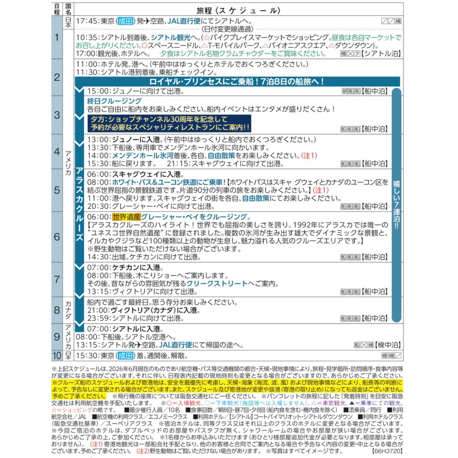 ３０周年特別企画 大自然の絶景を巡る ロイヤル・プリンセス アラスカクルーズ１０日間 ＜海側バルコニー＞