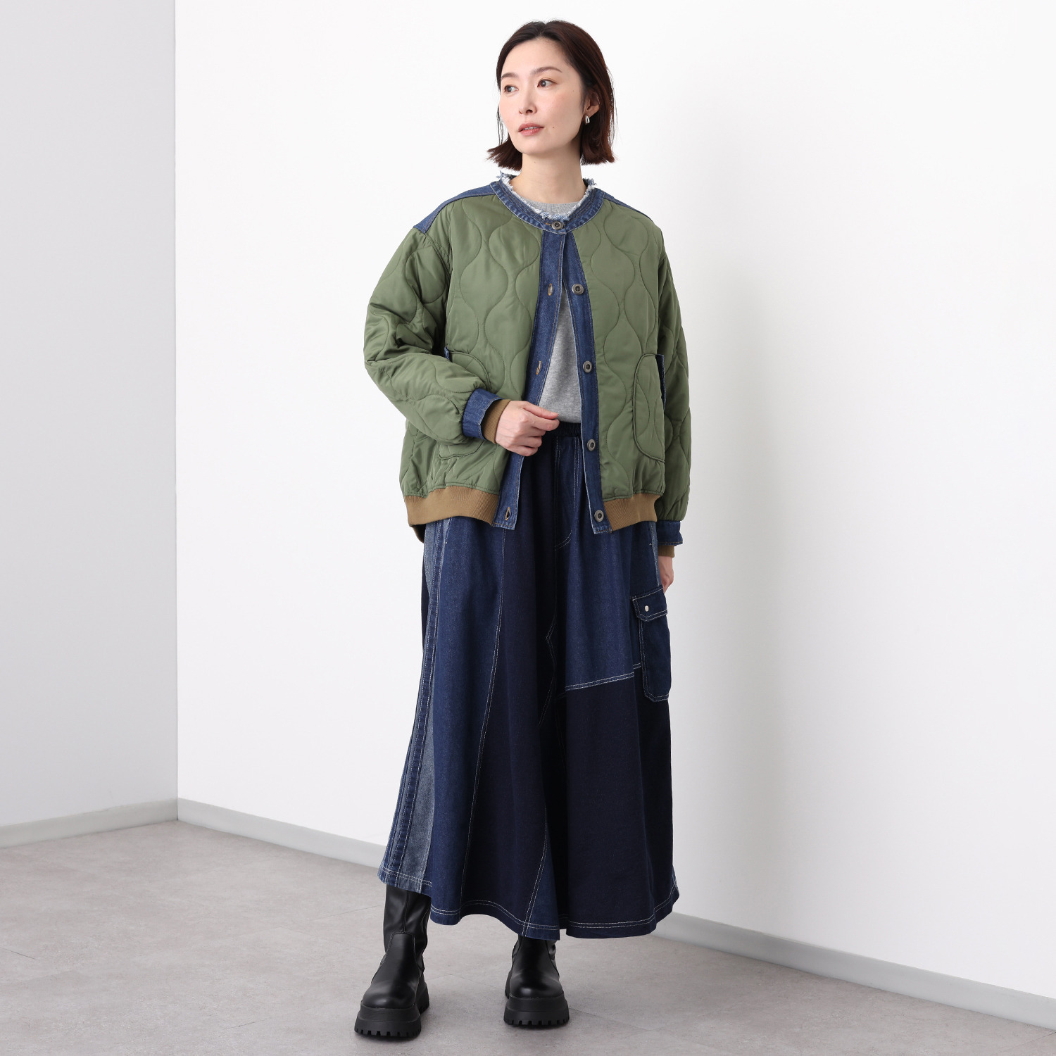 メリトゥーリ 背面ロゴ刺しゅう入り フリンジデザイン キルティング×デニム 異素材使いブルゾン