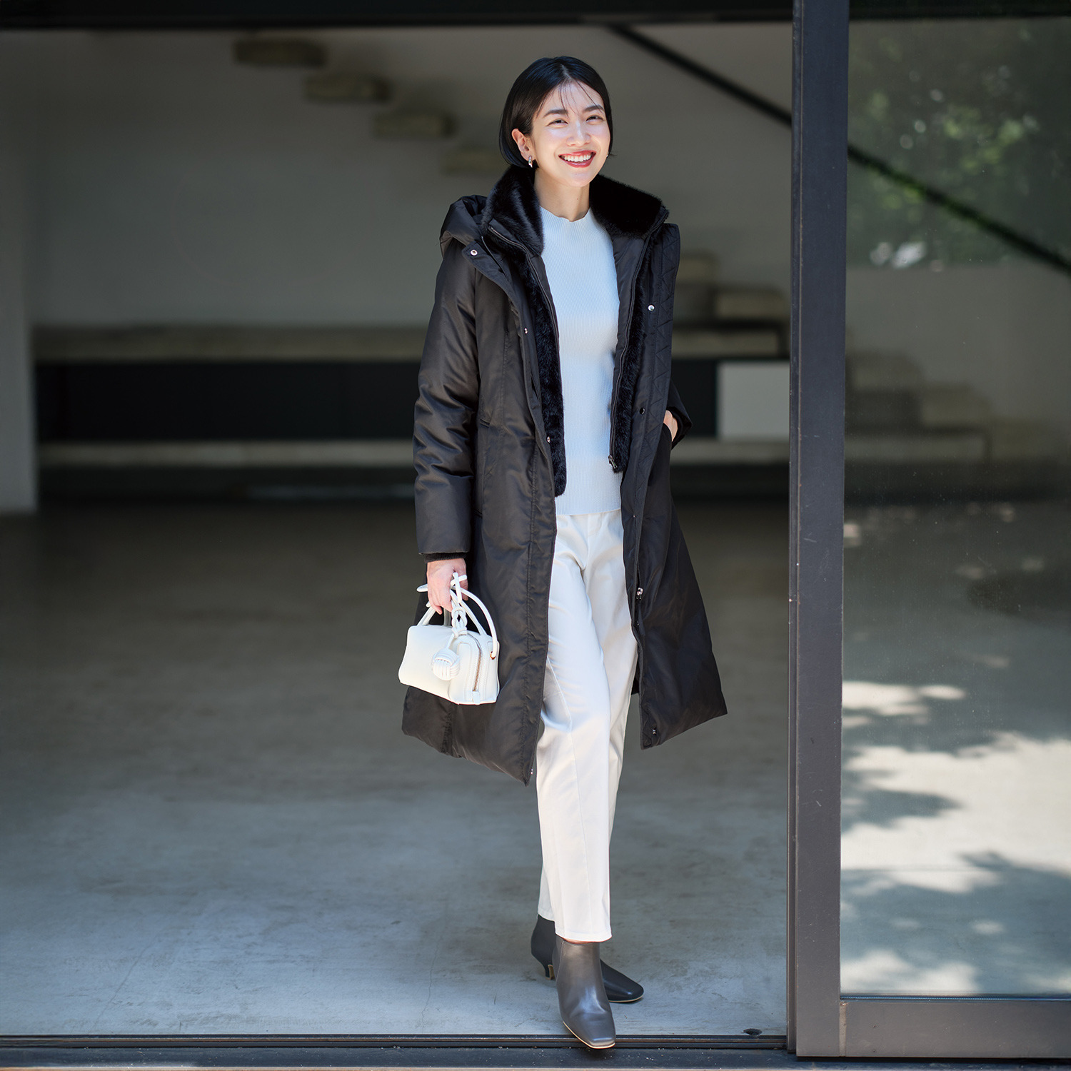 スタイルフライ はっ水 ２ウェイ ミンク調エコファー付 ロングダウンコート