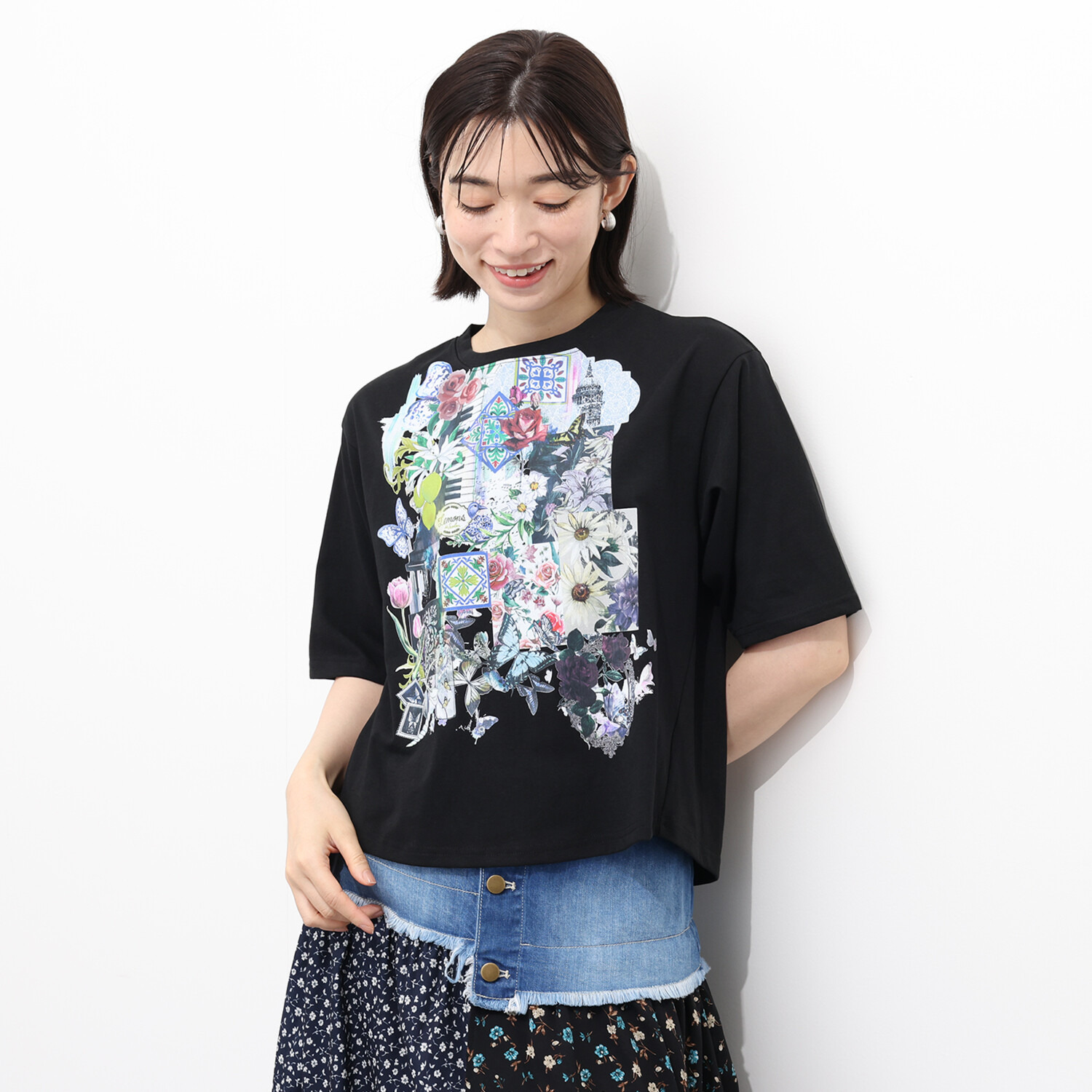 スカラー 接触冷感 コラージュ柄Ｔシャツ