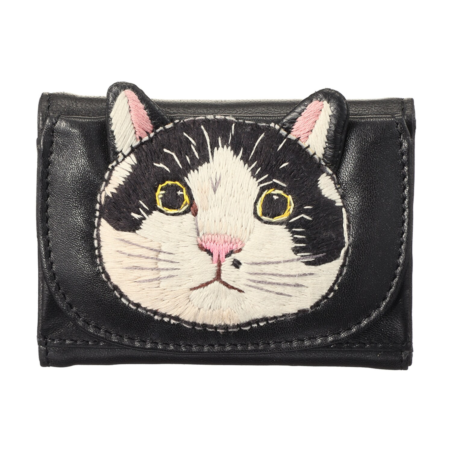 タマオワールド 猫フェイスシリーズ 持ち運ぶアートのような 立体手刺しゅう コンパクト財布