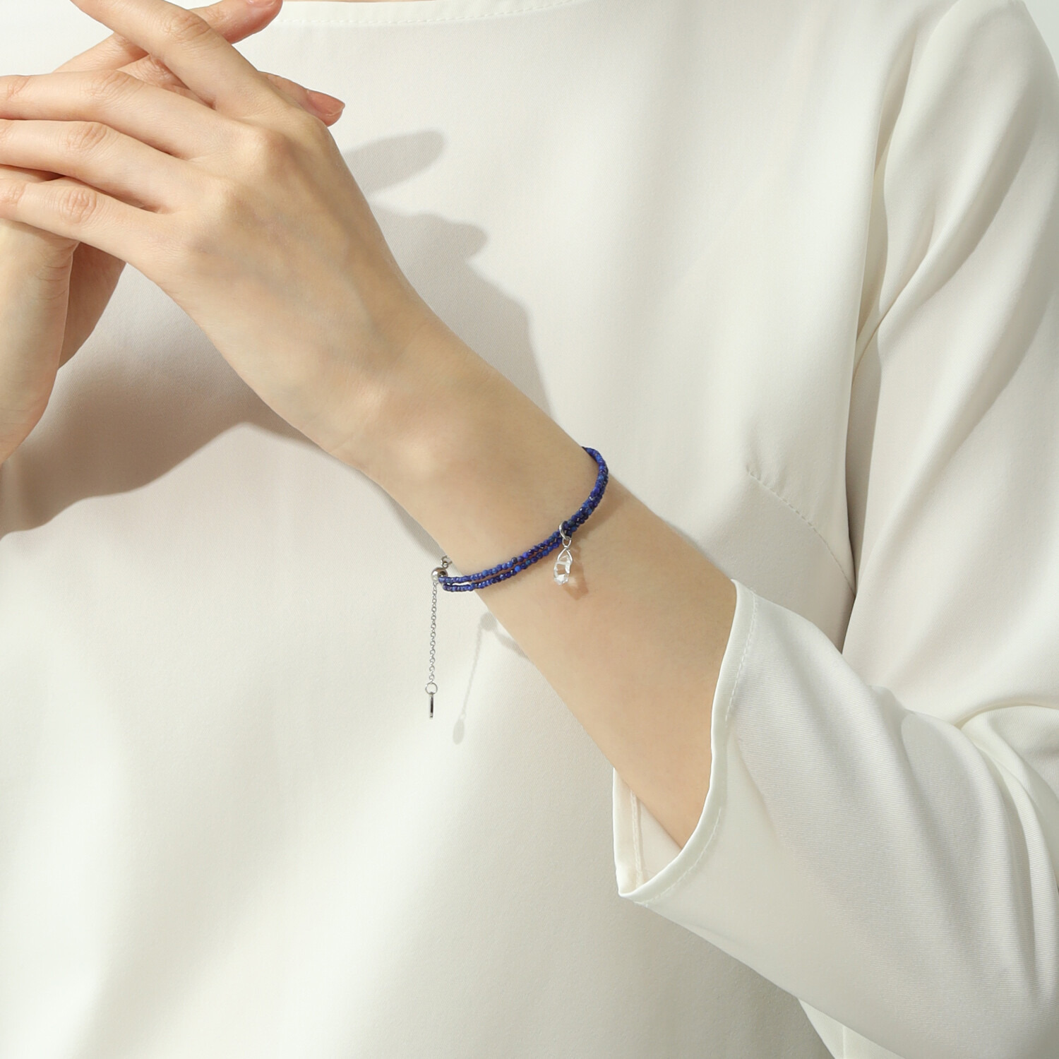 ハーキマーダイヤモンド ステンレス ８ｍｍＵＰ ロッククリスタルクォーツ ＆ラピスラズリ マグネットアジャスター付 ２連ブレスレット
