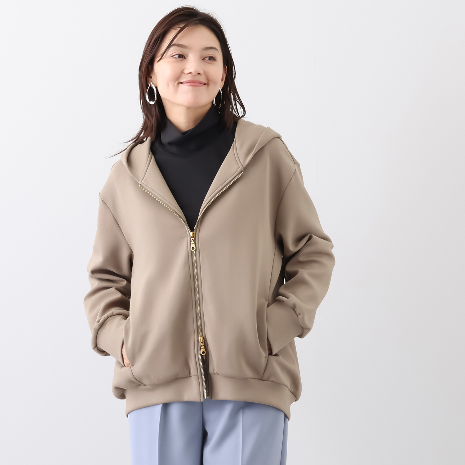 メリオン もっちりと滑らかな裏起毛 大人の女性が 品良く着られる ダブルジップパーカー