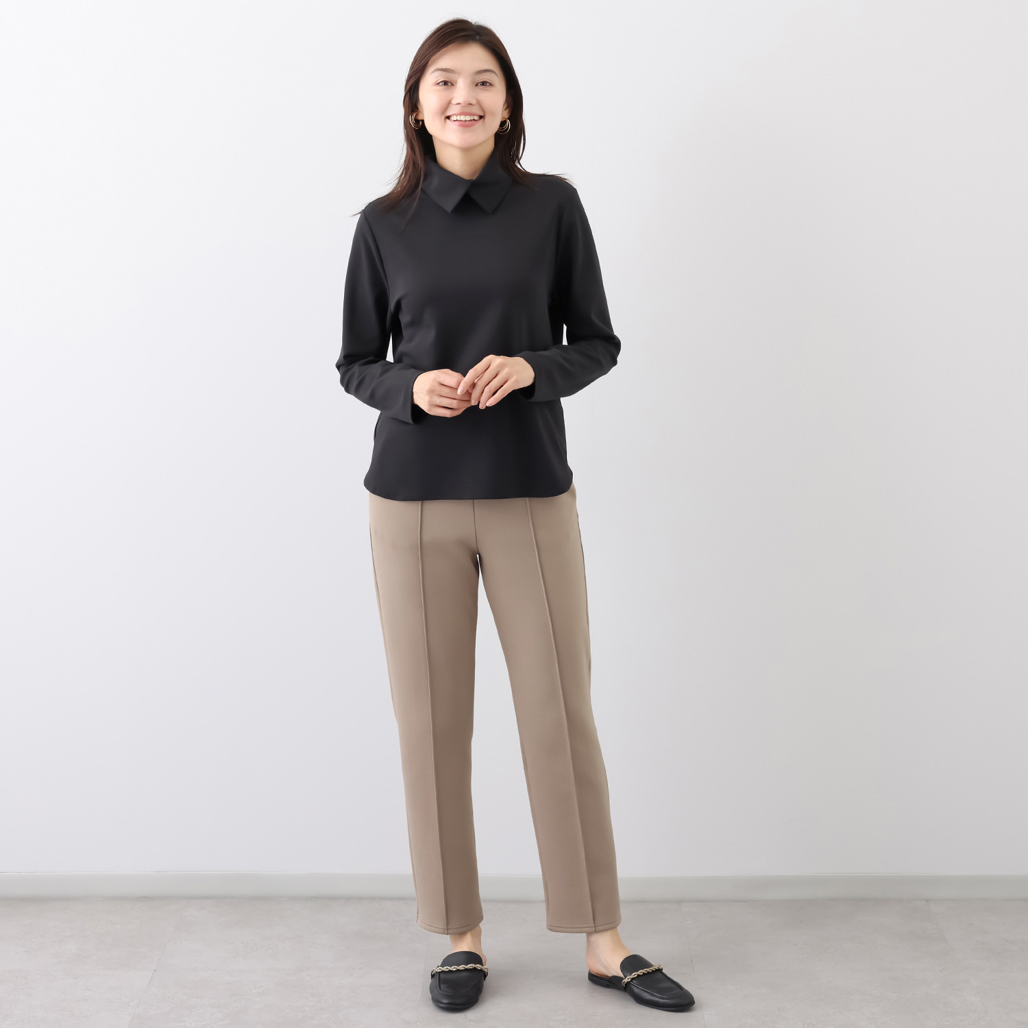 メリオン もっちりと滑らかな裏起毛 大人の女性が 品良く着られる イージーテーパードパンツ