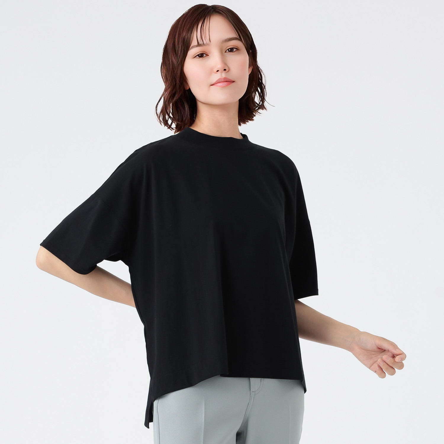 エムエムオー 接触冷感　綿混ベア天竺 ハイネック ドロップショルダー Ｔシャツ