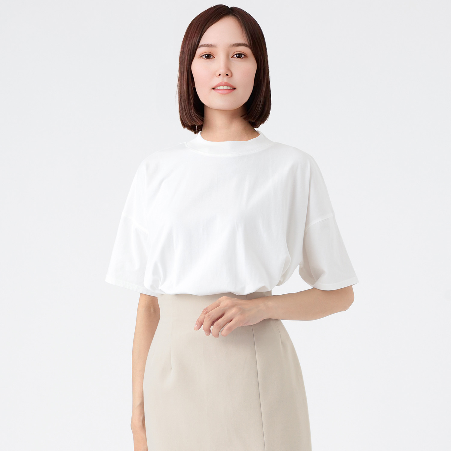 エムエムオー 接触冷感　綿混ベア天竺 ハイネック ドロップショルダー Ｔシャツ