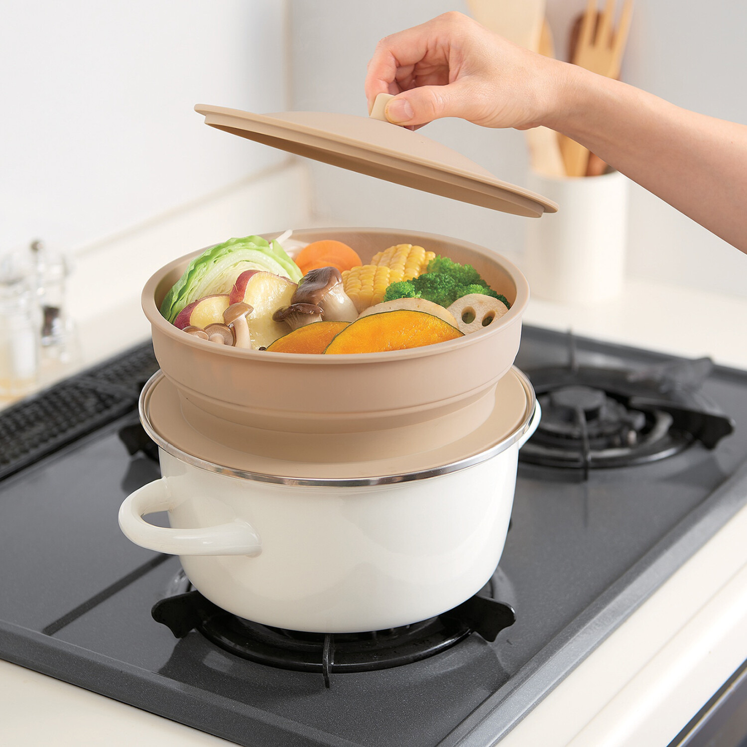 デリスタ 少ない手間で本格蒸し料理 薄くたためて省スペース！ 折りたたみ シリコンスチーマー ２個セット