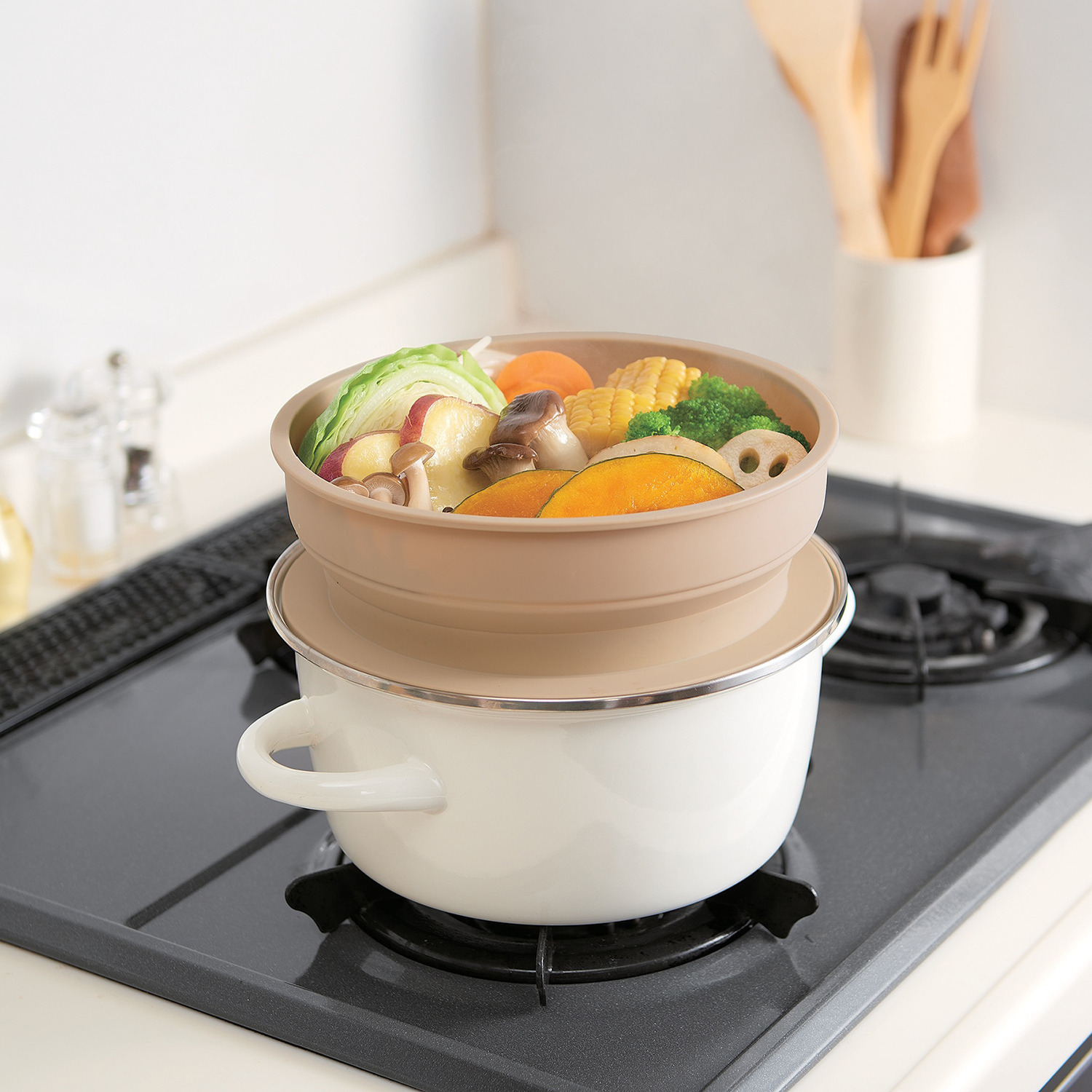 デリスタ 少ない手間で本格蒸し料理 薄くたためて省スペース！ 折りたたみ シリコンスチーマー ２個セット