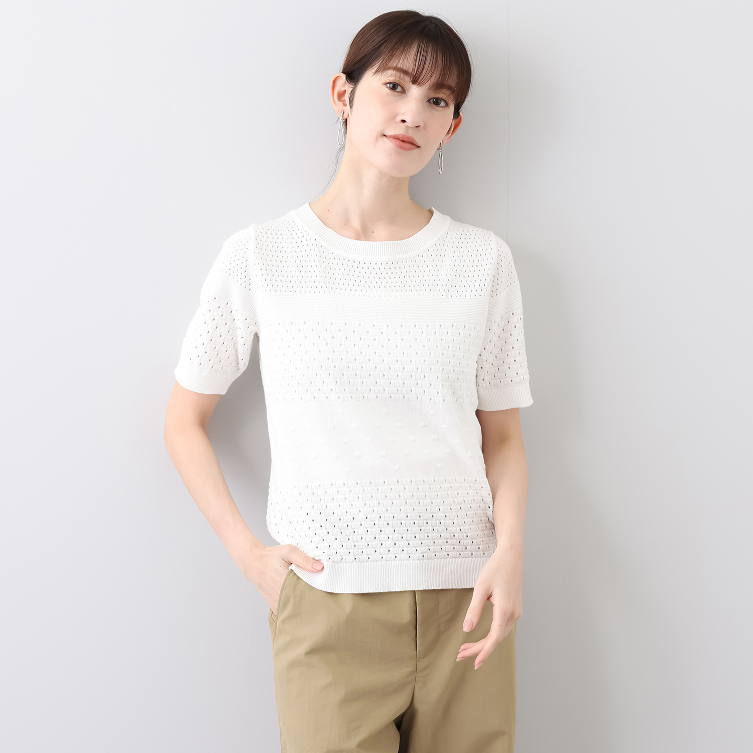 モカサン　ジュンコシマダ コットン１００％ 透かし柄 半袖ニットプルオーバー