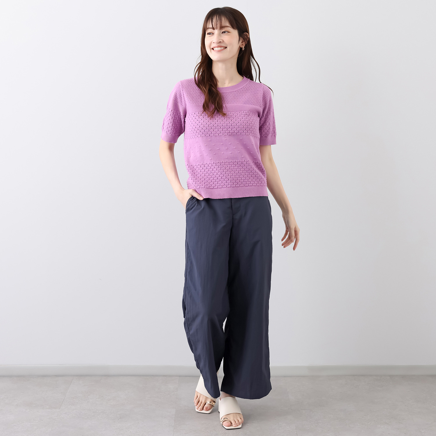 モカサン　ジュンコシマダ コットン１００％ 透かし柄 半袖ニットプルオーバー