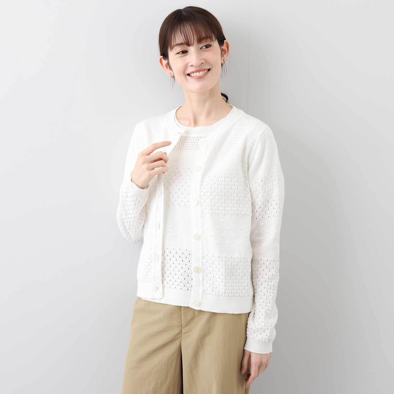 モカサン　ジュンコシマダ コットン１００％ 透かし柄 ニットカーディガン