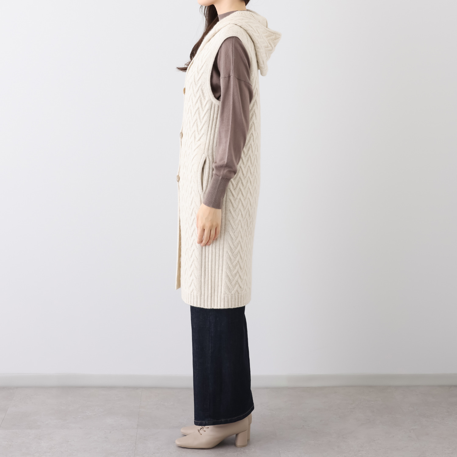 ネイチャーズ 無染色カシミヤ バスケット柄 フーディーロングジレ