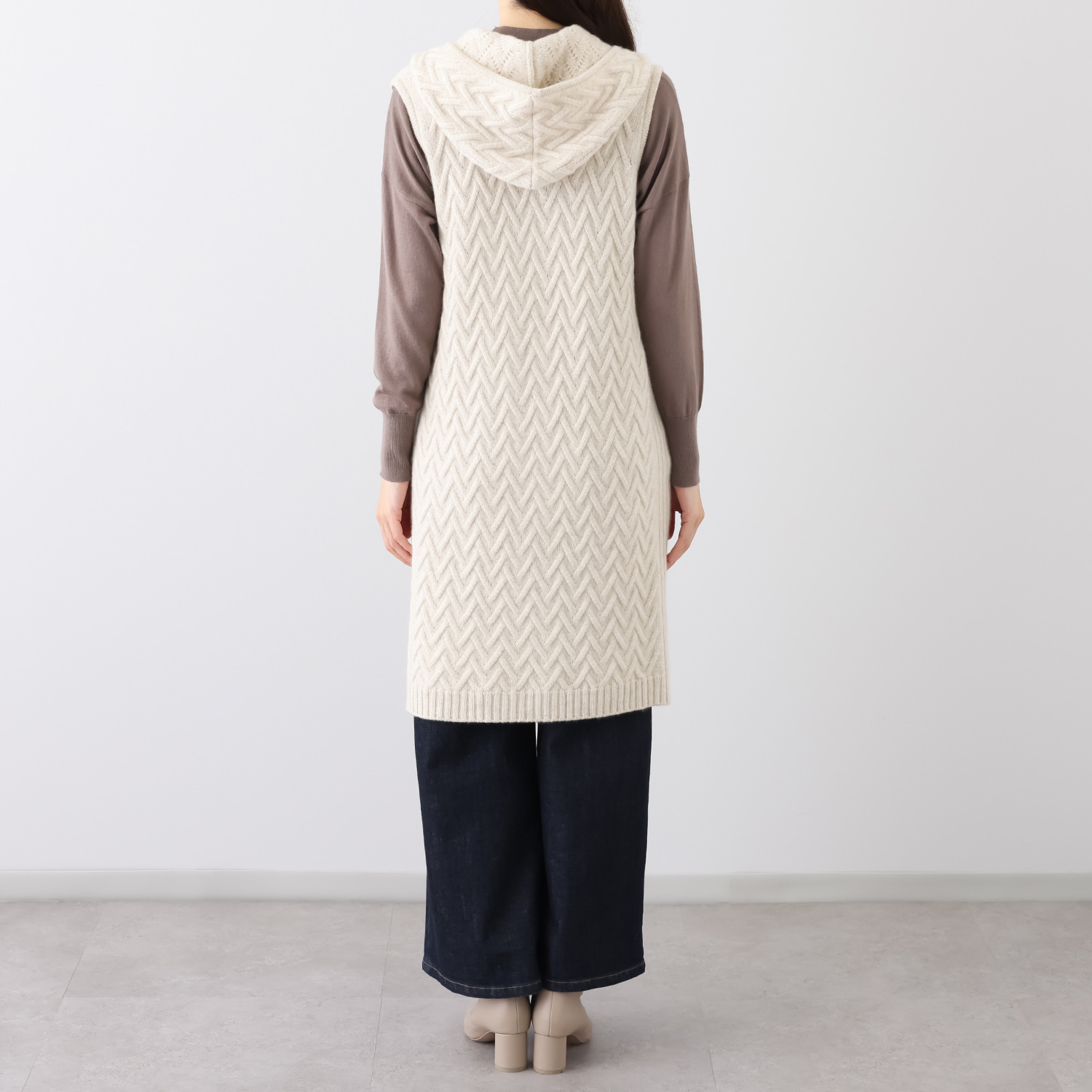 ネイチャーズ 無染色カシミヤ バスケット柄 フーディーロングジレ