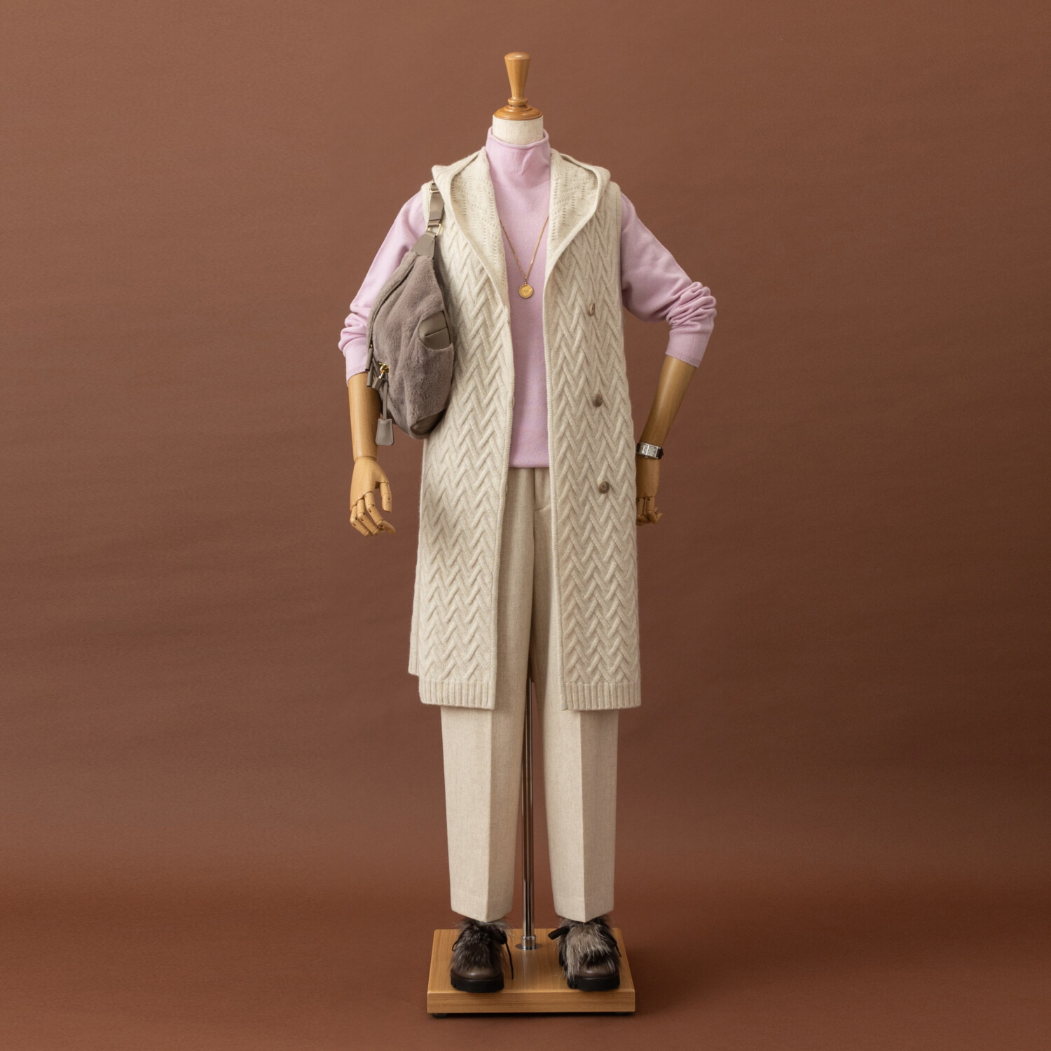ネイチャーズ 無染色カシミヤ バスケット柄 フーディーロングジレ