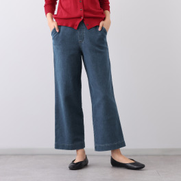 アトリエール コットンパイルデニム ストレッチ ワイドストレートパンツ <股下65cm>