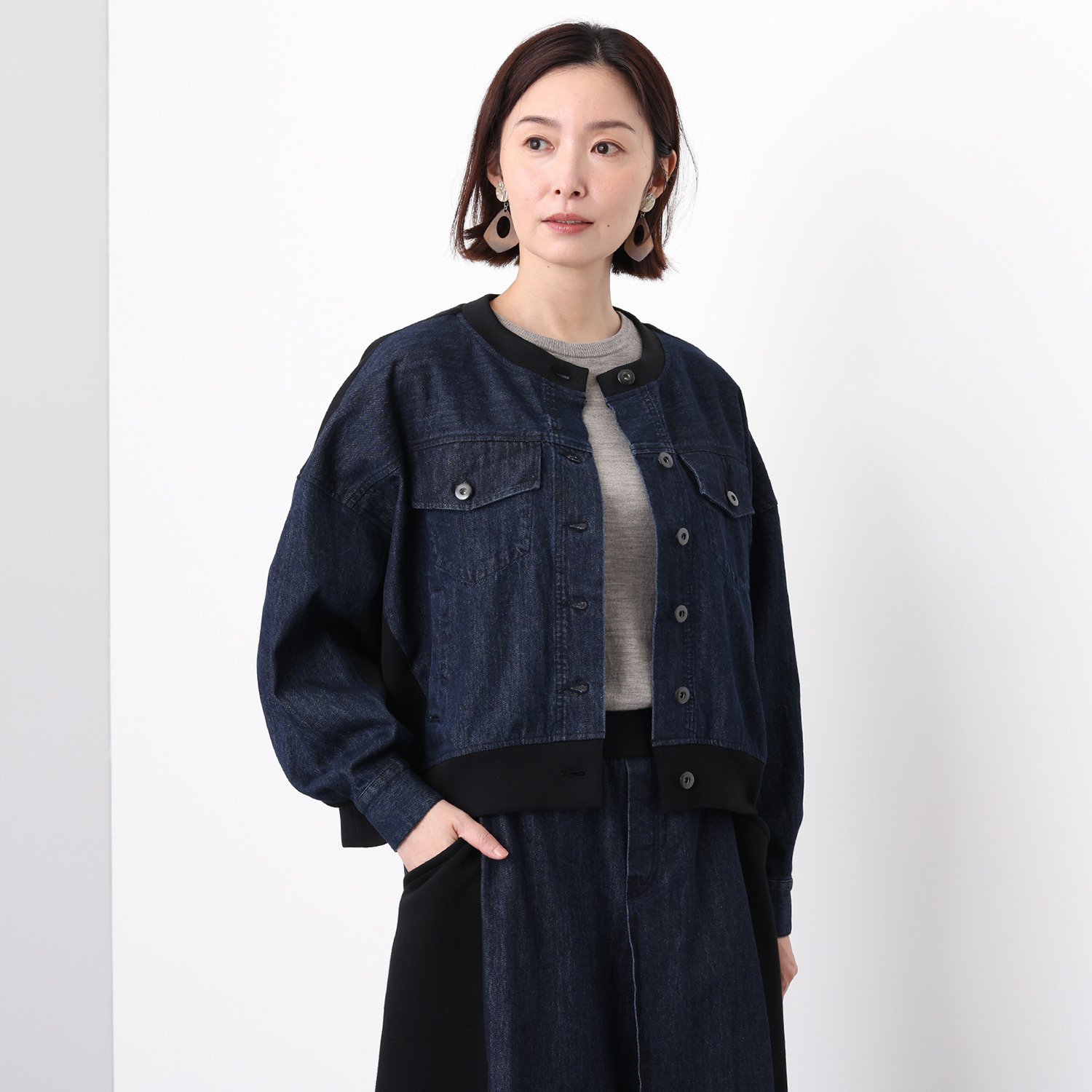ワンバイ　ヨーコモリモト デニム＆ジャージー 異素材コンビ デザインブルゾン